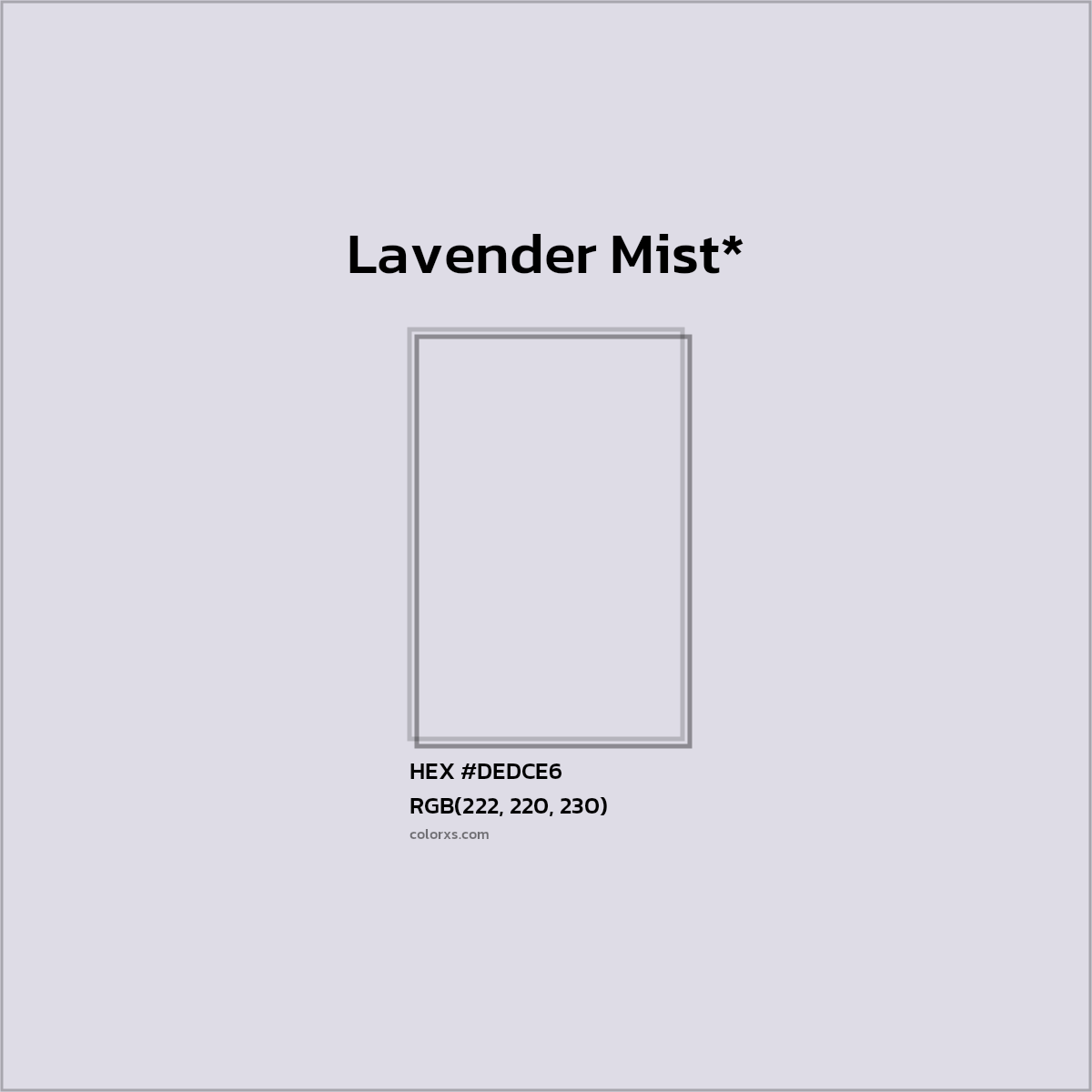 #DEDCE6 hex color. RGB, RYB, CMYK, HSL, HSV codes and color conversions. Matching color names, palettes, paints.
