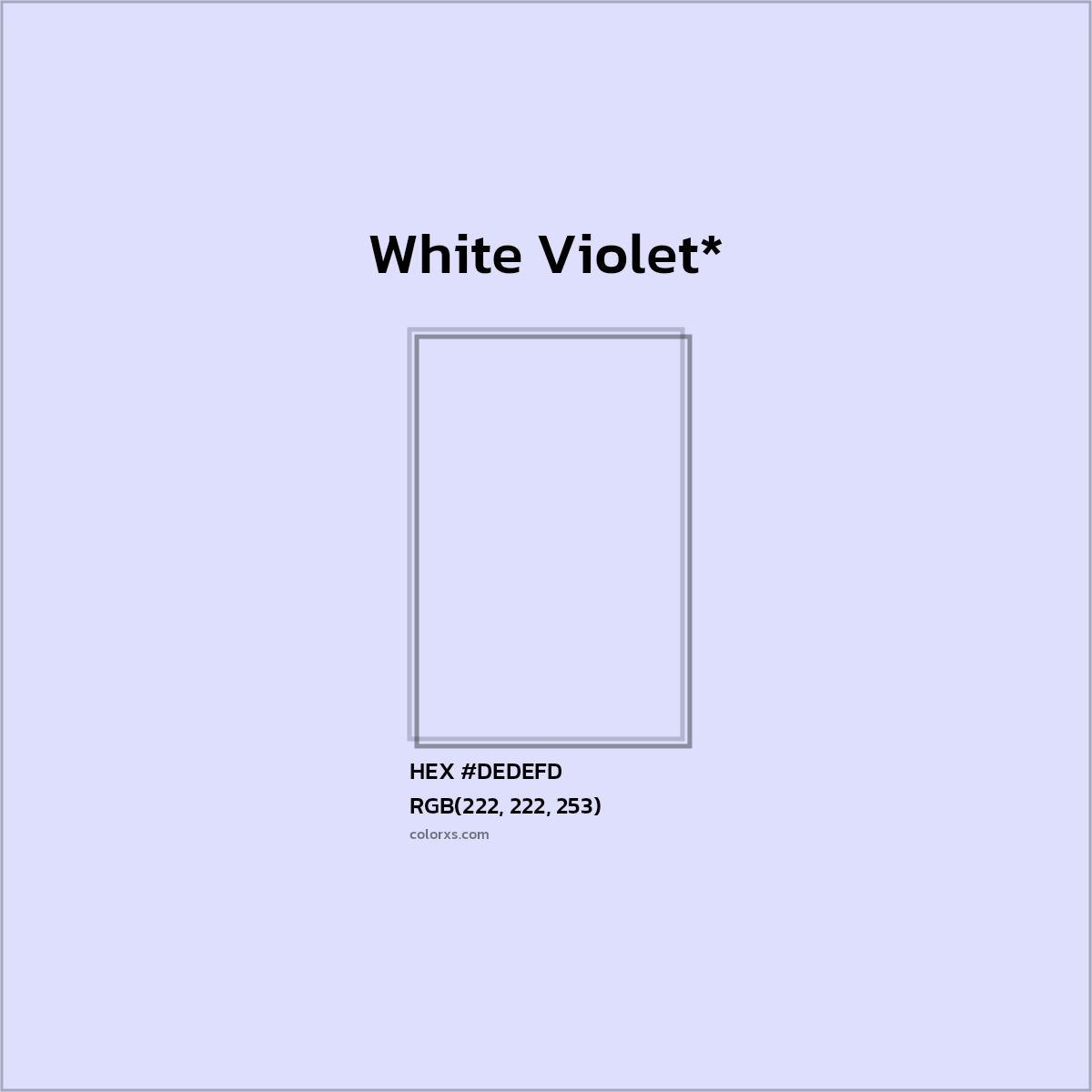 #DEDEFD hex color. RGB, RYB, CMYK, HSL, HSV codes and color conversions. Matching color names, palettes, paints.