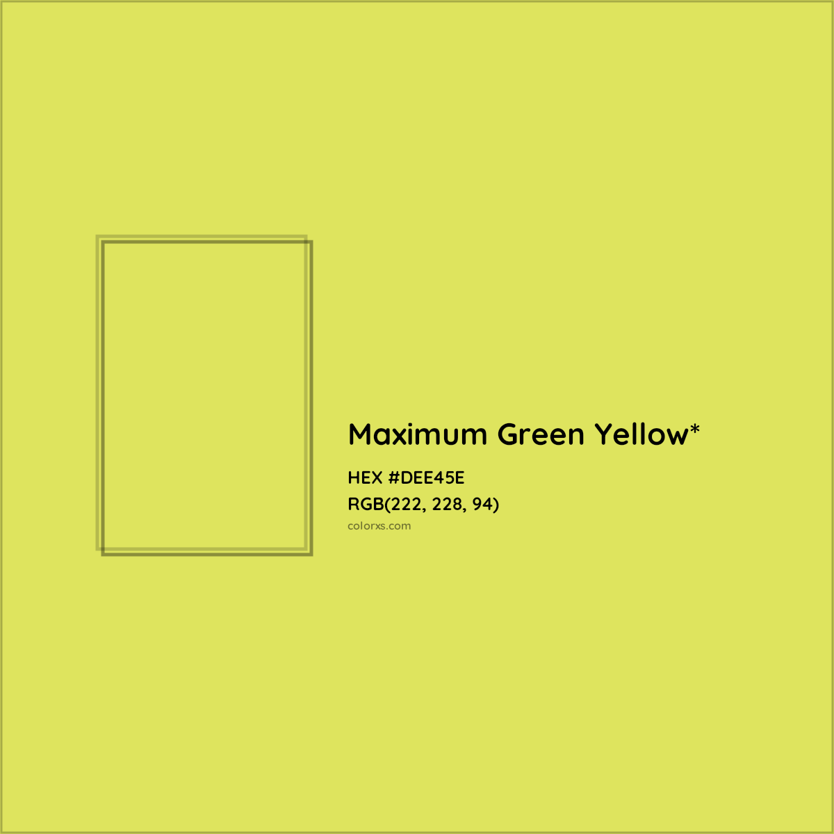 #DEE45E hex color. RGB, RYB, CMYK, HSL, HSV codes and color conversions. Matching color names, palettes, paints.