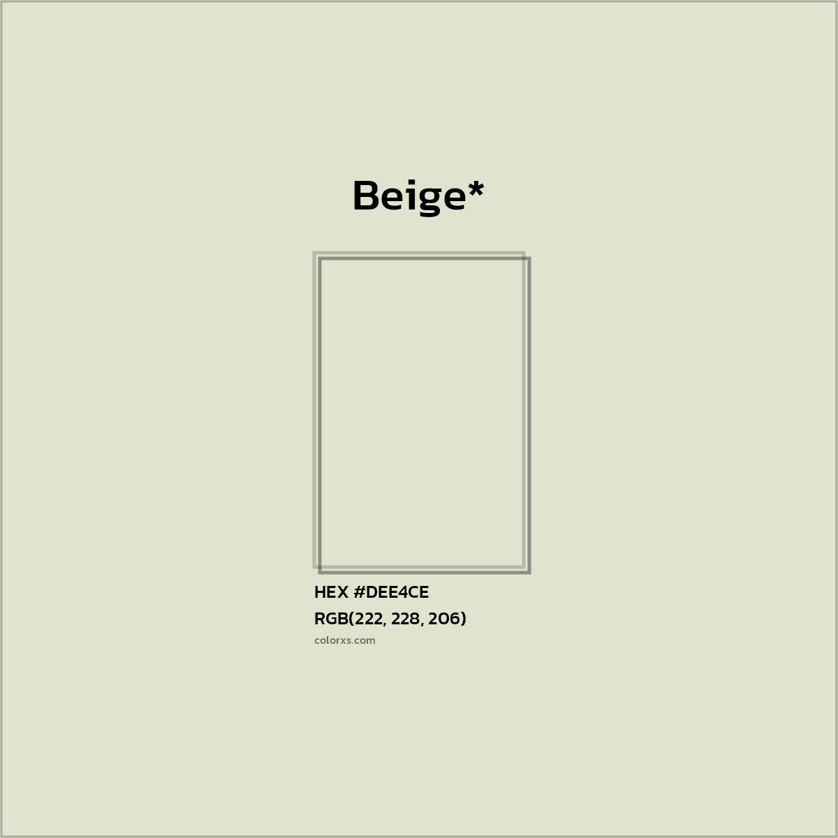 #DEE4CE hex color. RGB, RYB, CMYK, HSL, HSV codes and color conversions. Matching color names, palettes, paints.