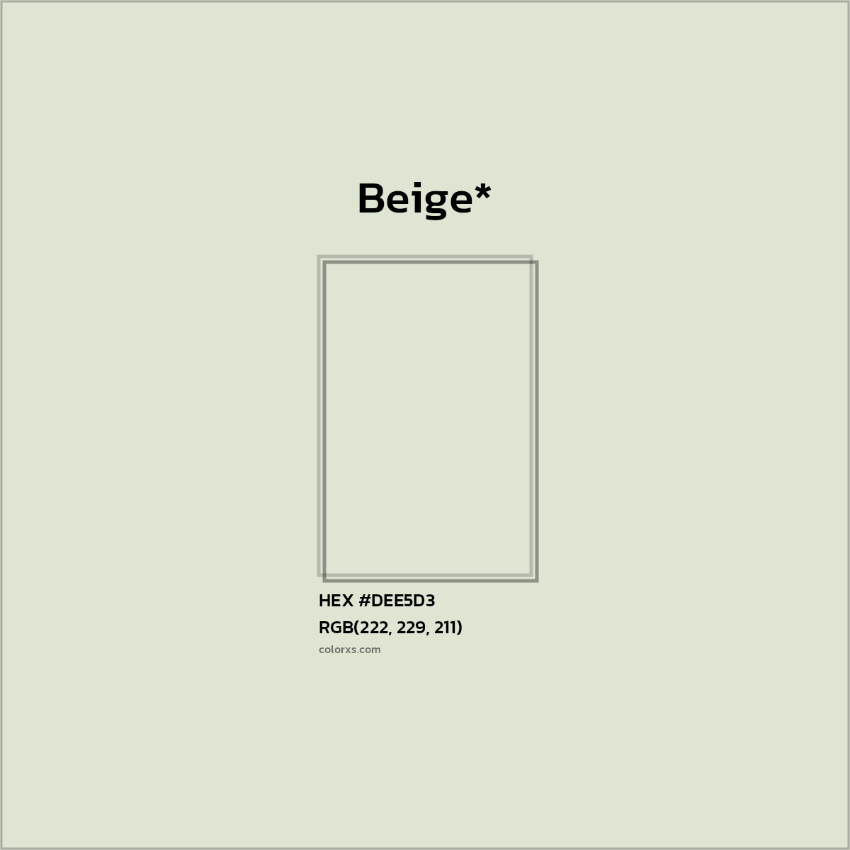 #DEE5D3 hex color. RGB, RYB, CMYK, HSL, HSV codes and color conversions. Matching color names, palettes, paints.