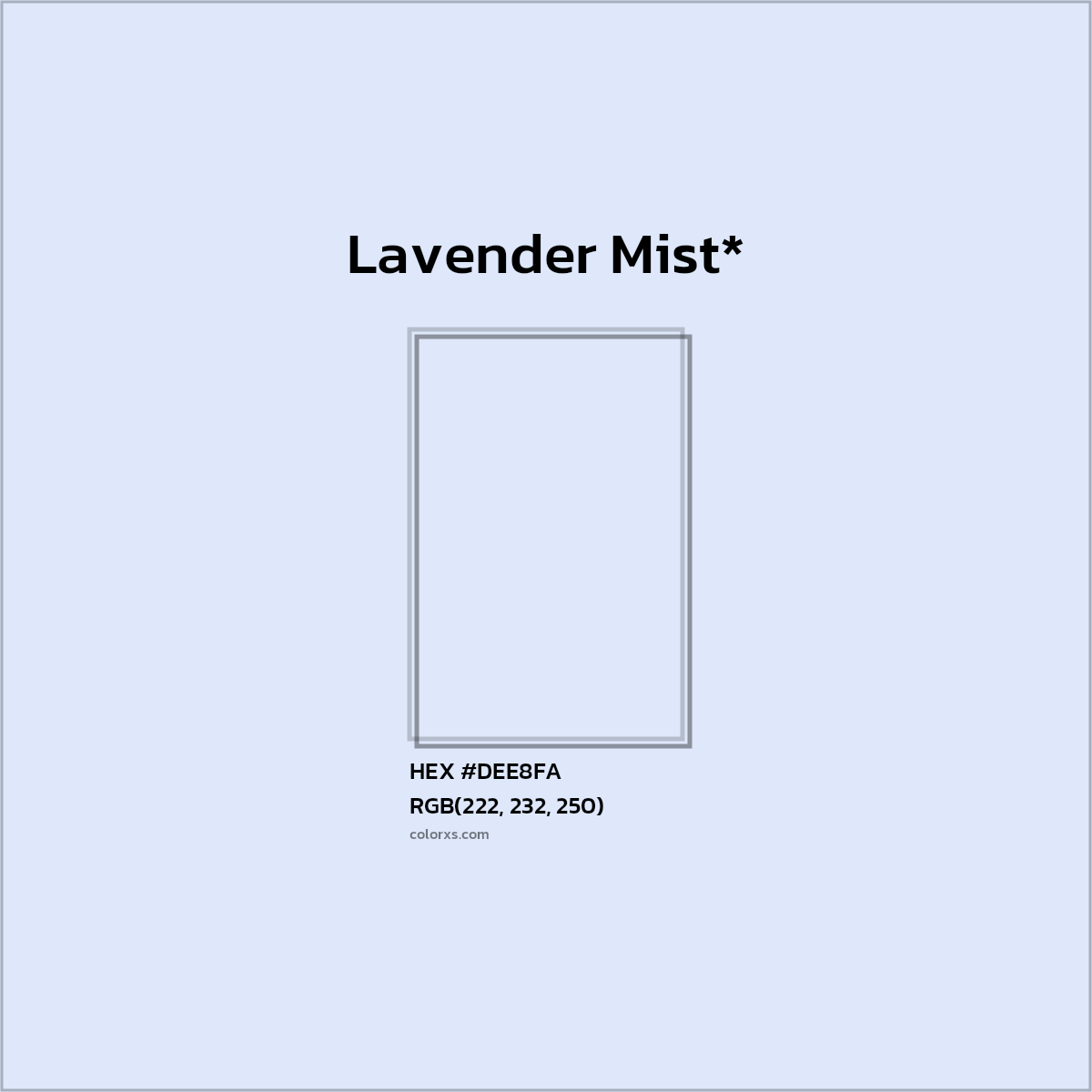 #DEE8FA hex color. RGB, RYB, CMYK, HSL, HSV codes and color conversions. Matching color names, palettes, paints.