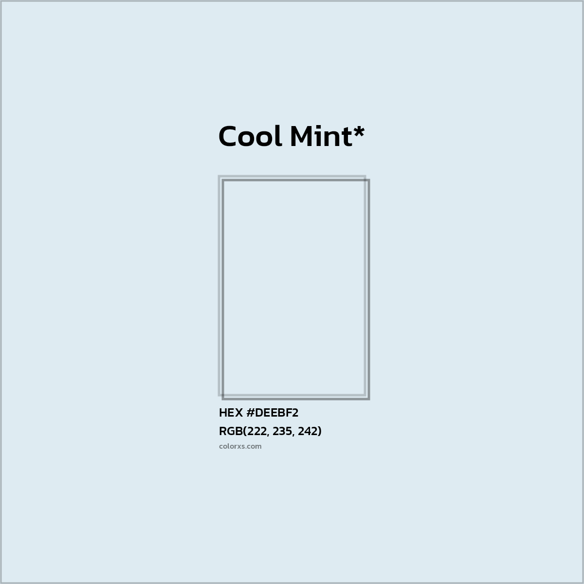 #DEEBF2 hex color. RGB, RYB, CMYK, HSL, HSV codes and color conversions. Matching color names, palettes, paints.