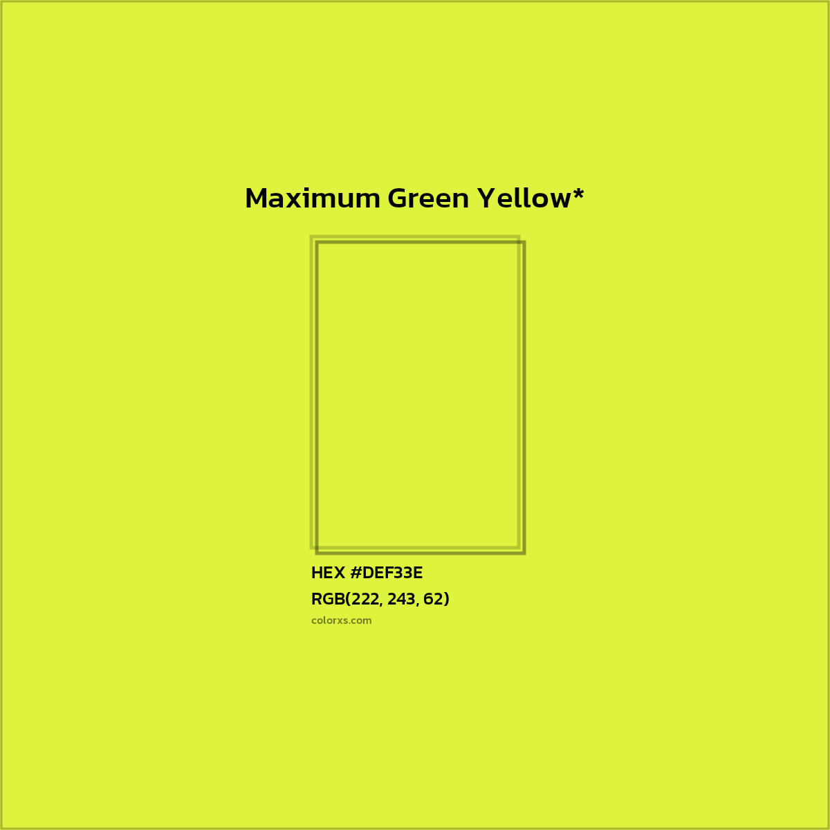 #DEF33E hex color. RGB, RYB, CMYK, HSL, HSV codes and color conversions. Matching color names, palettes, paints.
