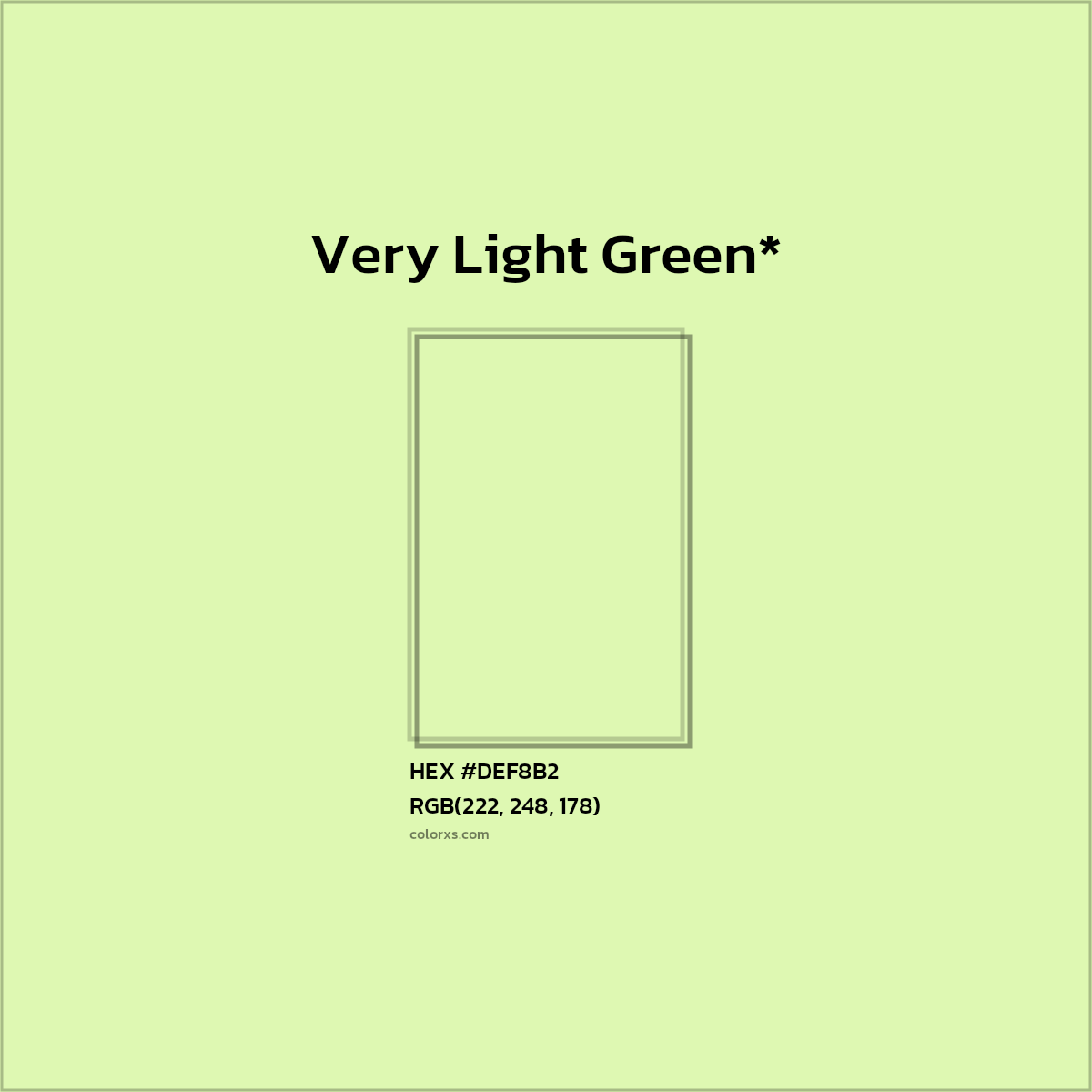 #DEF8B2 hex color. RGB, RYB, CMYK, HSL, HSV codes and color conversions. Matching color names, palettes, paints.