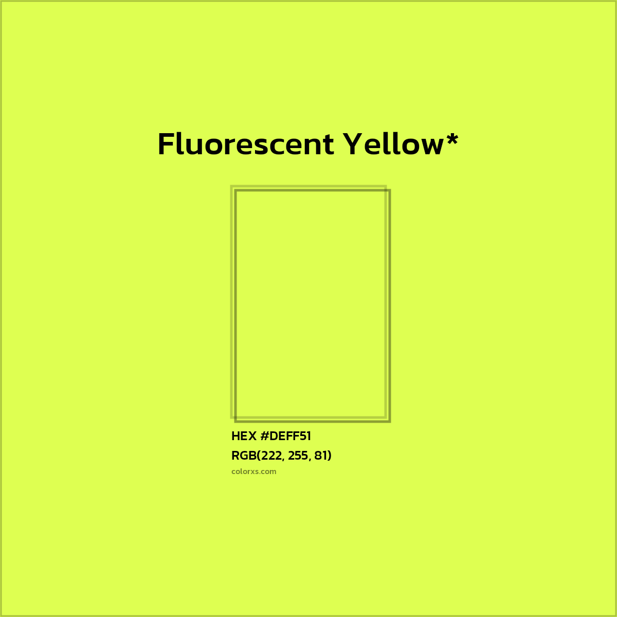 #DEFF51 hex color. RGB, RYB, CMYK, HSL, HSV codes and color conversions. Matching color names, palettes, paints.
