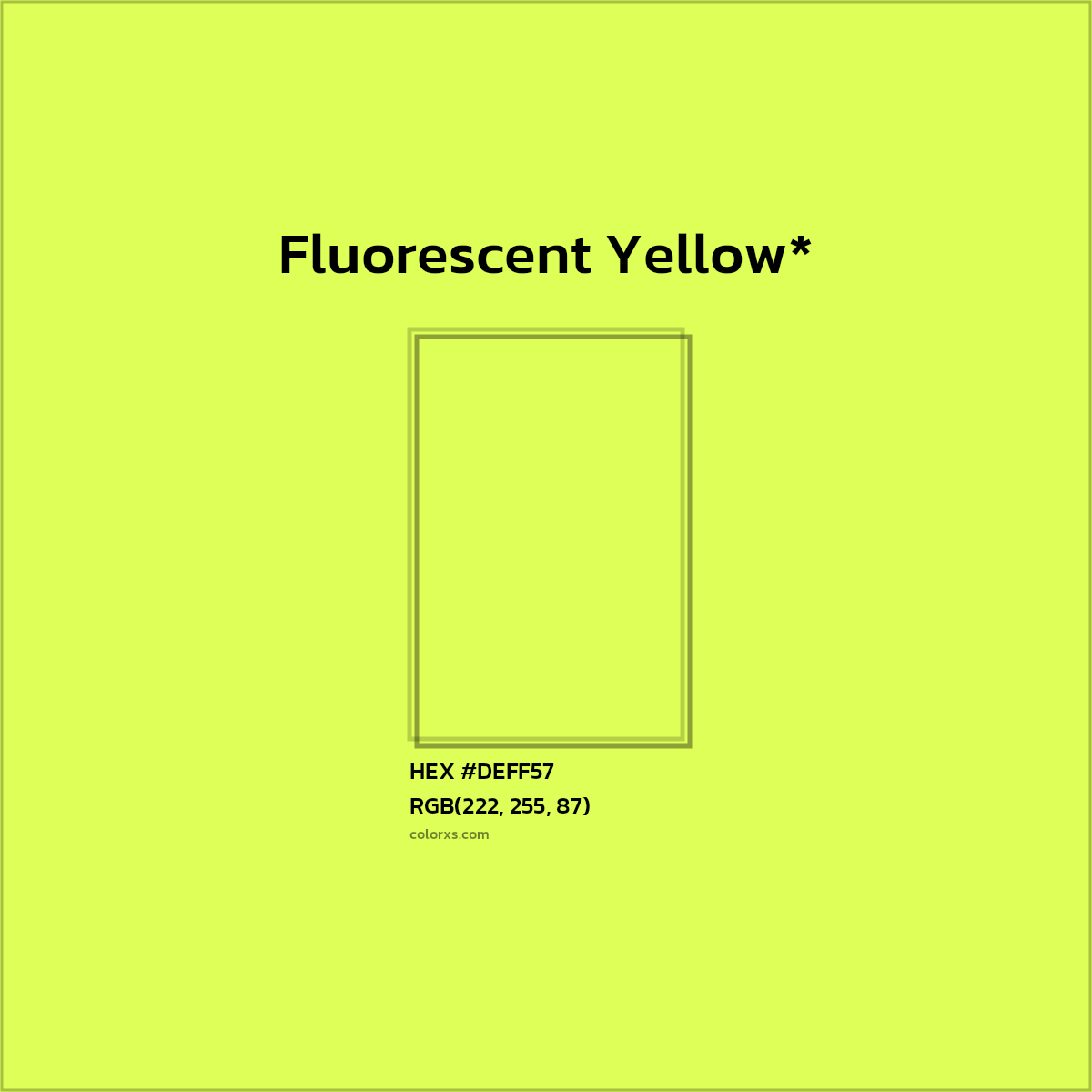 #DEFF57 hex color. RGB, RYB, CMYK, HSL, HSV codes and color conversions. Matching color names, palettes, paints.
