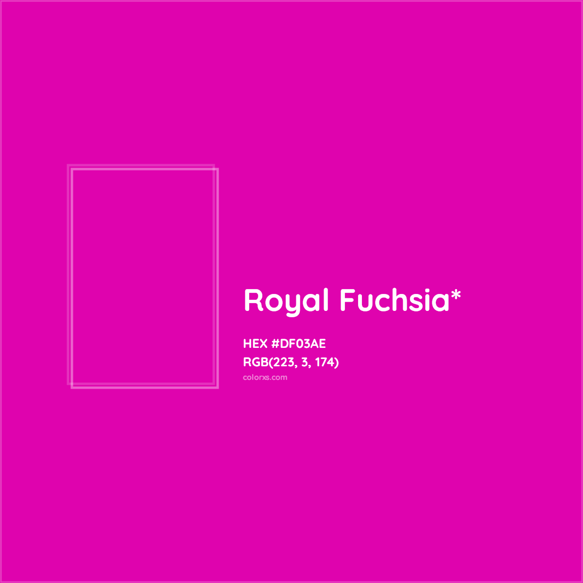 #DF03AE hex color. RGB, RYB, CMYK, HSL, HSV codes and color conversions. Matching color names, palettes, paints.