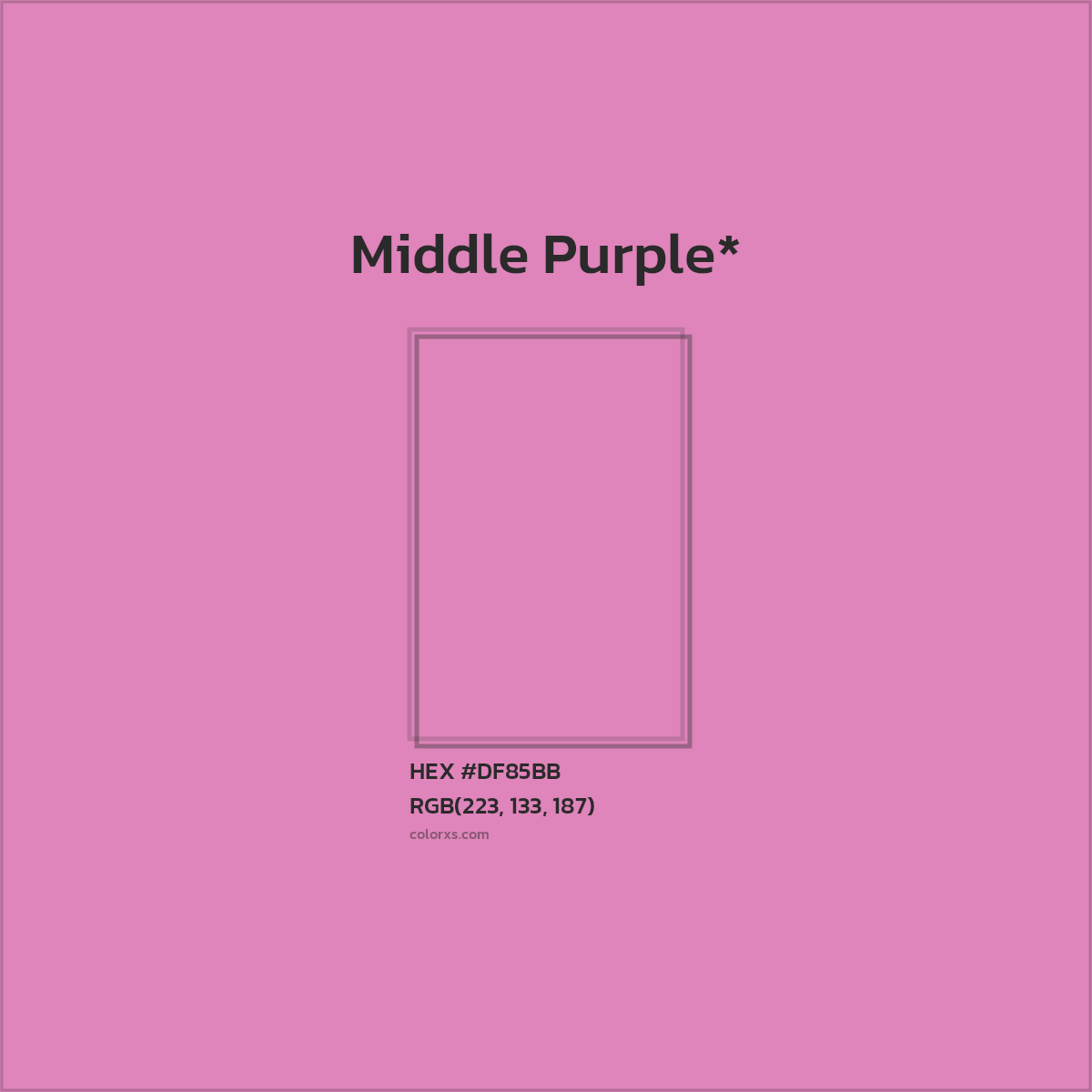 #DF85BB hex color. RGB, RYB, CMYK, HSL, HSV codes and color conversions. Matching color names, palettes, paints.