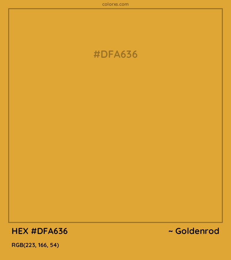 #DFA636 hex color. RGB, RYB, CMYK, HSL, HSV codes and color conversions. Matching color names, palettes, paints.