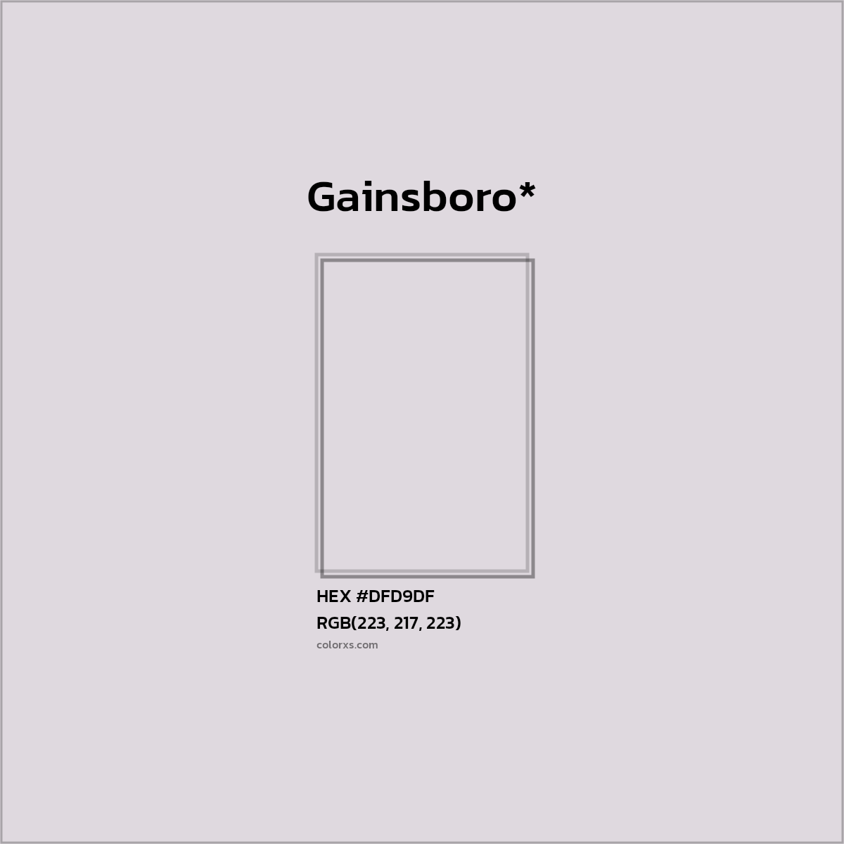 #DFD9DF hex color. RGB, RYB, CMYK, HSL, HSV codes and color conversions. Matching color names, palettes, paints.