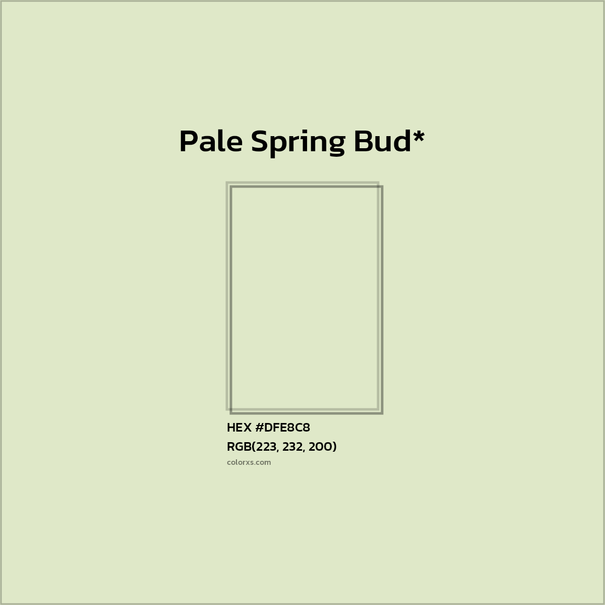 #DFE8C8 hex color. RGB, RYB, CMYK, HSL, HSV codes and color conversions. Matching color names, palettes, paints.