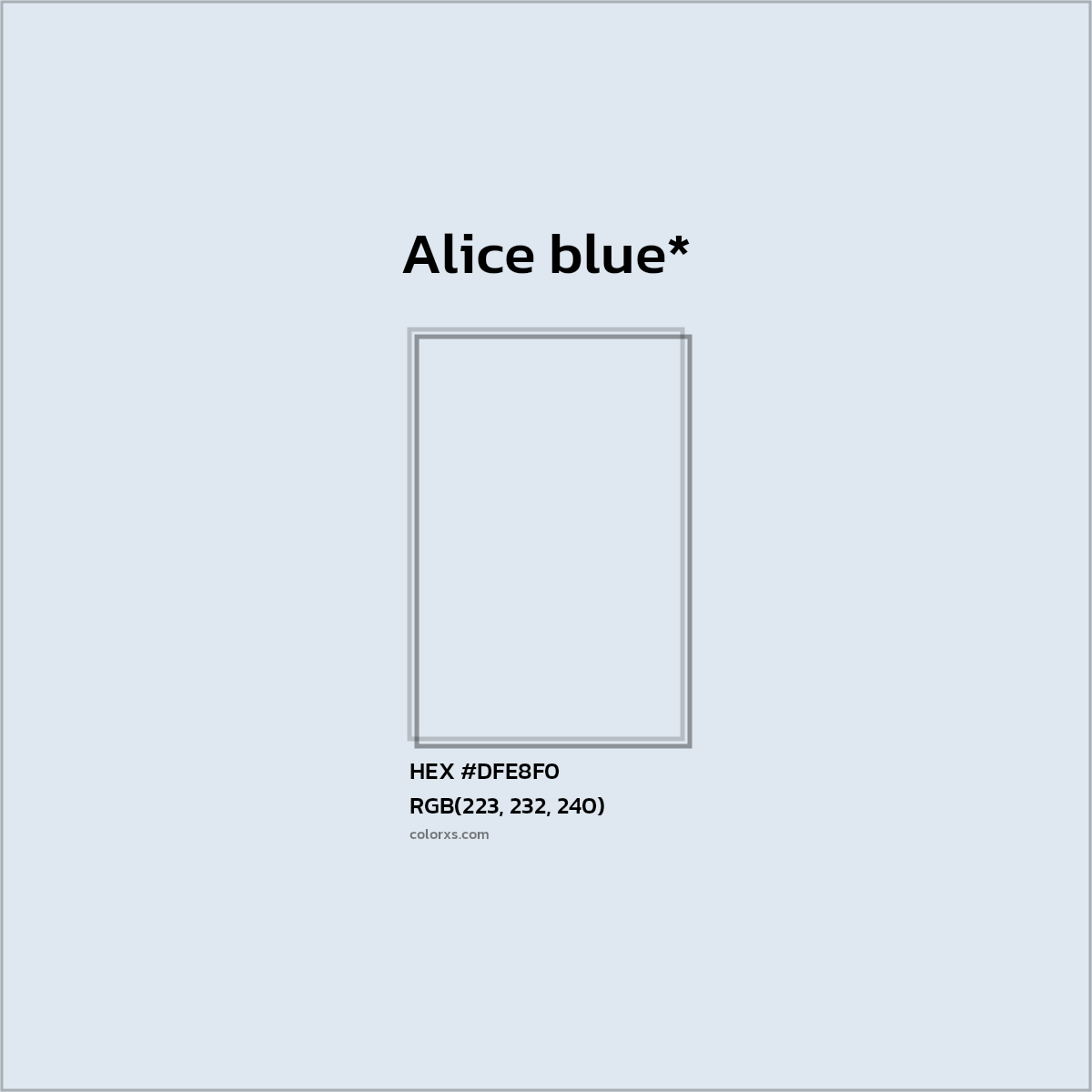 #DFE8F0 hex color. RGB, RYB, CMYK, HSL, HSV codes and color conversions. Matching color names, palettes, paints.