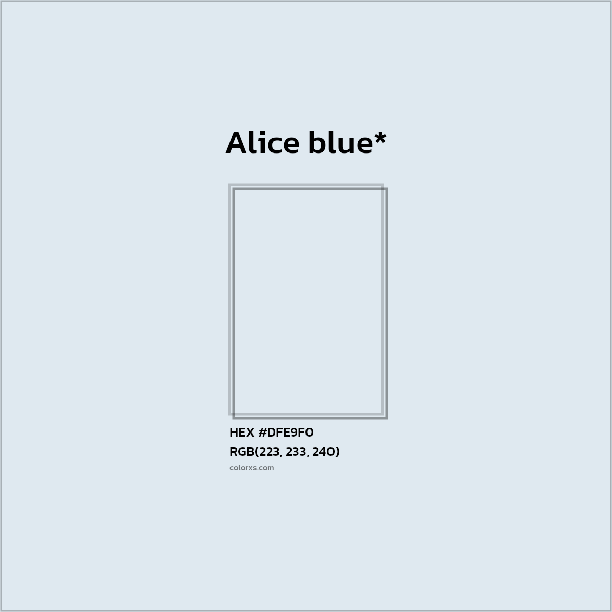 #DFE9F0 hex color. RGB, RYB, CMYK, HSL, HSV codes and color conversions. Matching color names, palettes, paints.