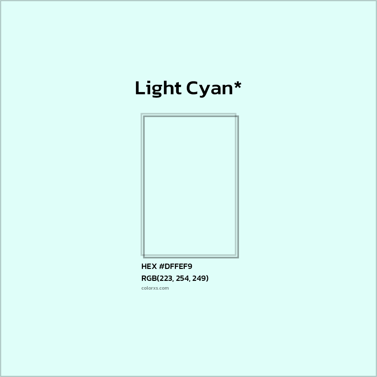 #DFFEF9 hex color. RGB, RYB, CMYK, HSL, HSV codes and color conversions. Matching color names, palettes, paints.