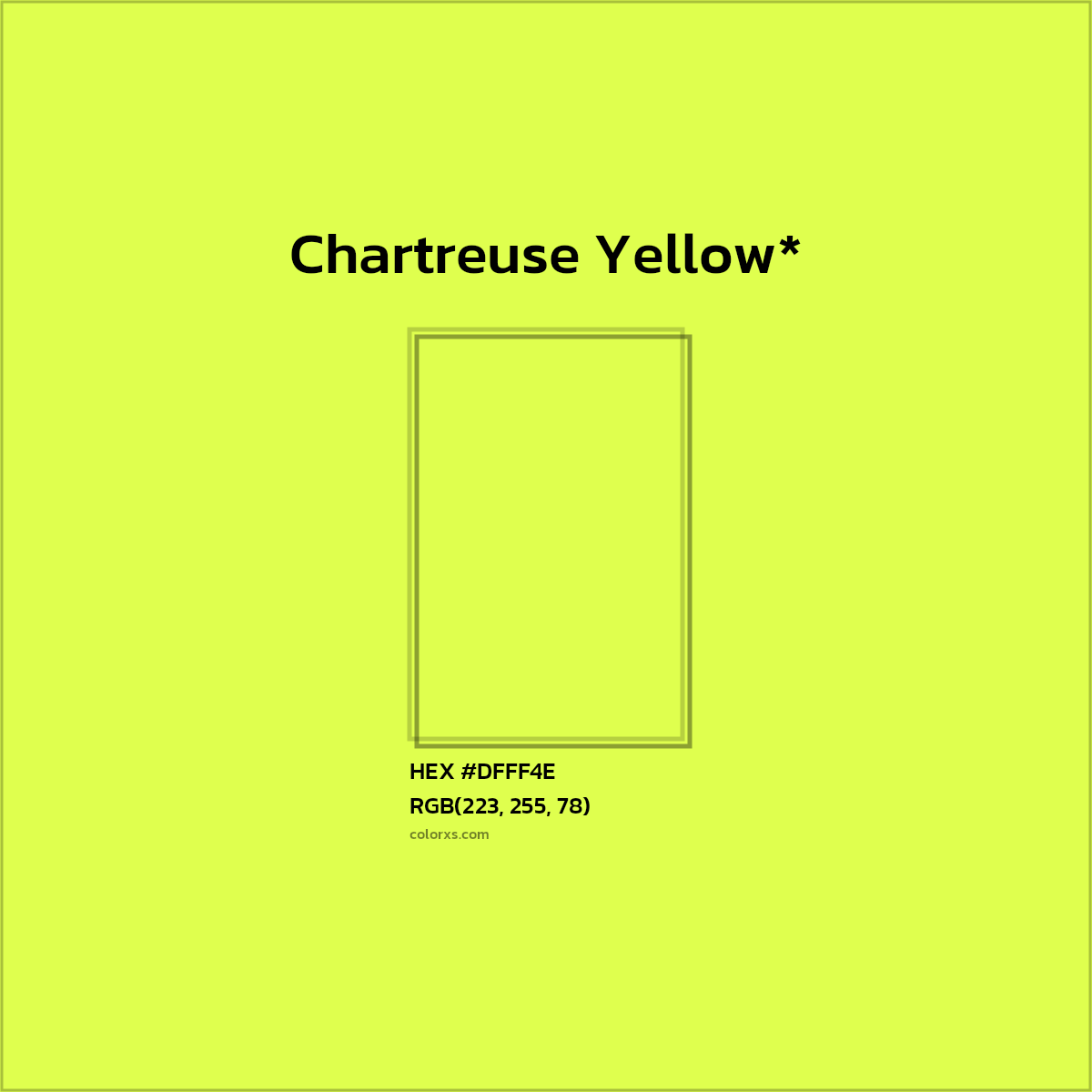 #DFFF4E hex color. RGB, RYB, CMYK, HSL, HSV codes and color conversions. Matching color names, palettes, paints.