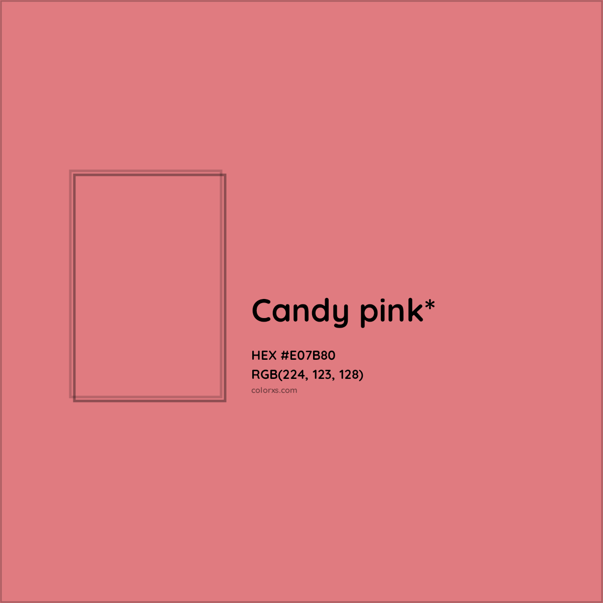 #E07B80 hex color. RGB, RYB, CMYK, HSL, HSV codes and color conversions. Matching color names, palettes, paints.