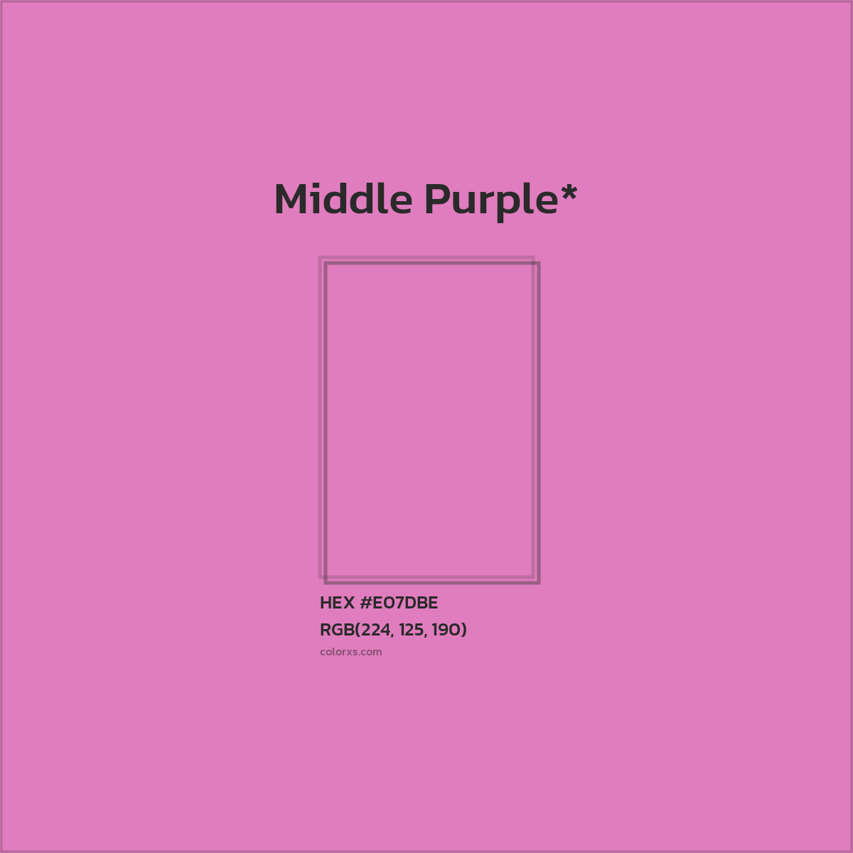 #E07DBE hex color. RGB, RYB, CMYK, HSL, HSV codes and color conversions. Matching color names, palettes, paints.