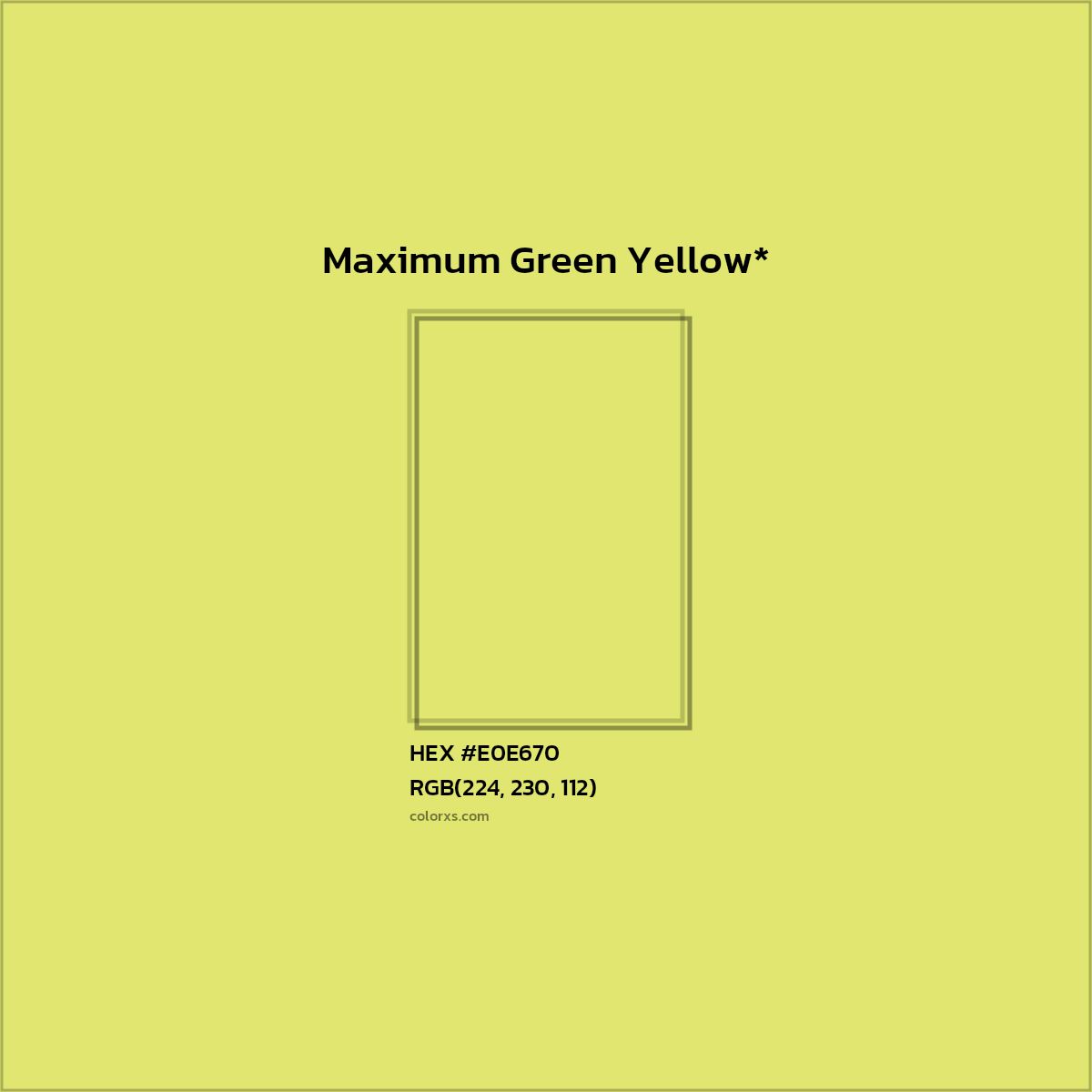 #E0E670 hex color. RGB, RYB, CMYK, HSL, HSV codes and color conversions. Matching color names, palettes, paints.