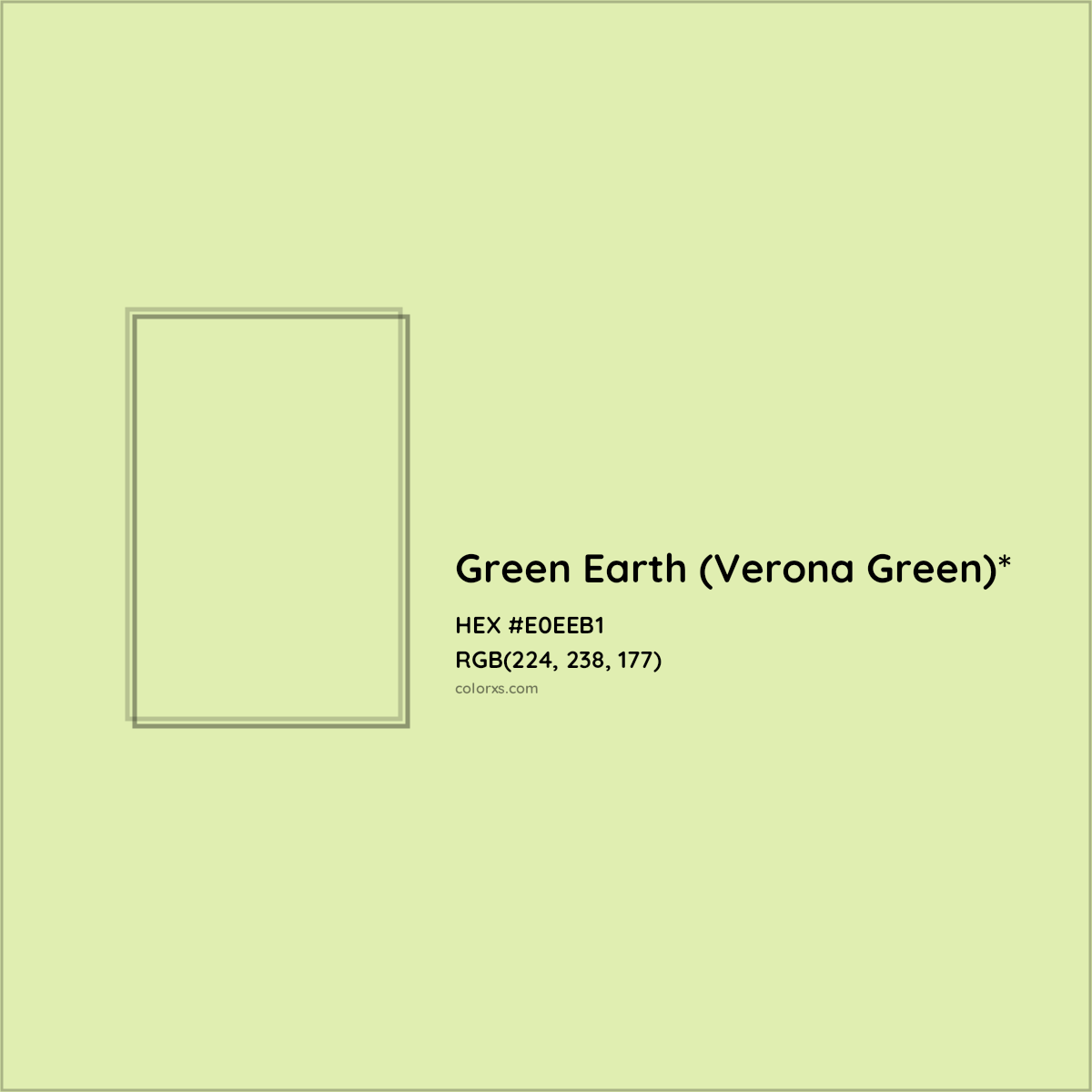 #E0EEB1 hex color. RGB, RYB, CMYK, HSL, HSV codes and color conversions. Matching color names, palettes, paints.