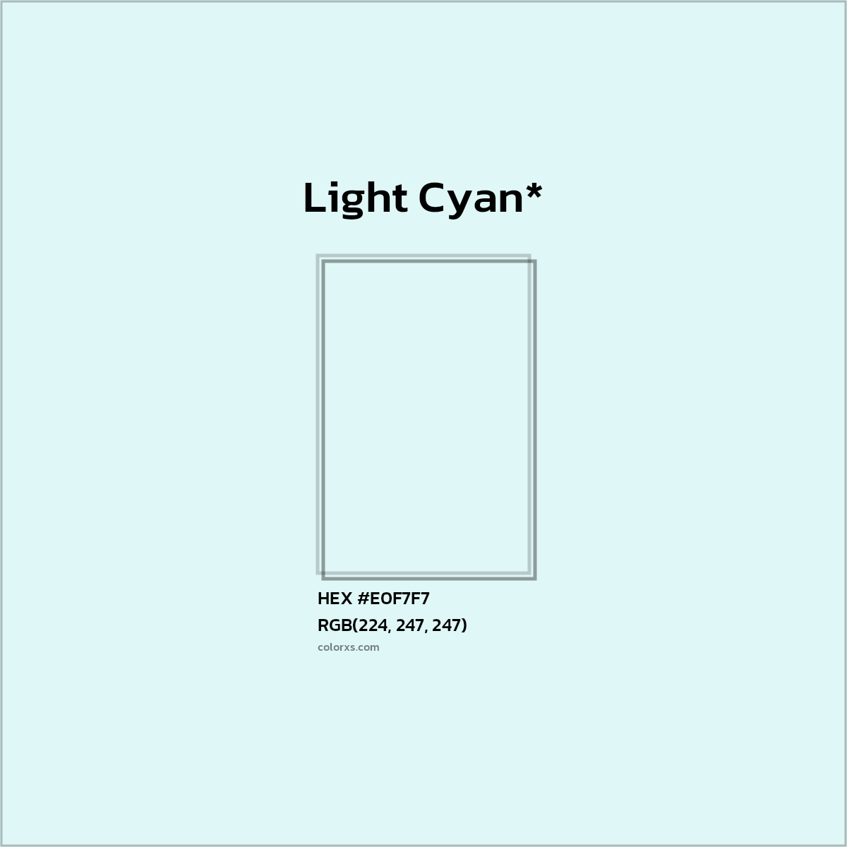 #E0F7F7 hex color. RGB, RYB, CMYK, HSL, HSV codes and color conversions. Matching color names, palettes, paints.