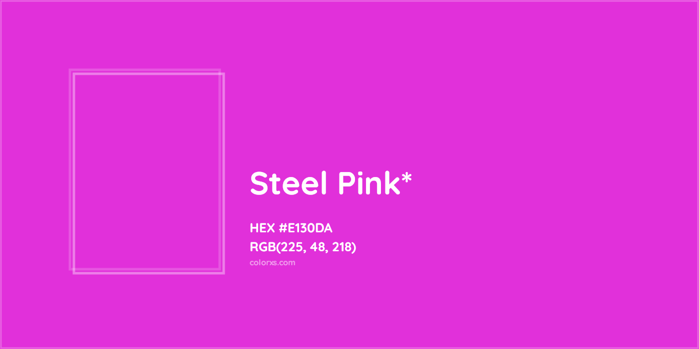 #E130DA hex color. RGB, RYB, CMYK, HSL, HSV codes and color conversions. Matching color names, palettes, paints.
