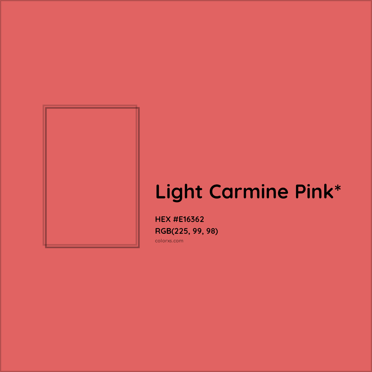 #E16362 hex color. RGB, RYB, CMYK, HSL, HSV codes and color conversions. Matching color names, palettes, paints.