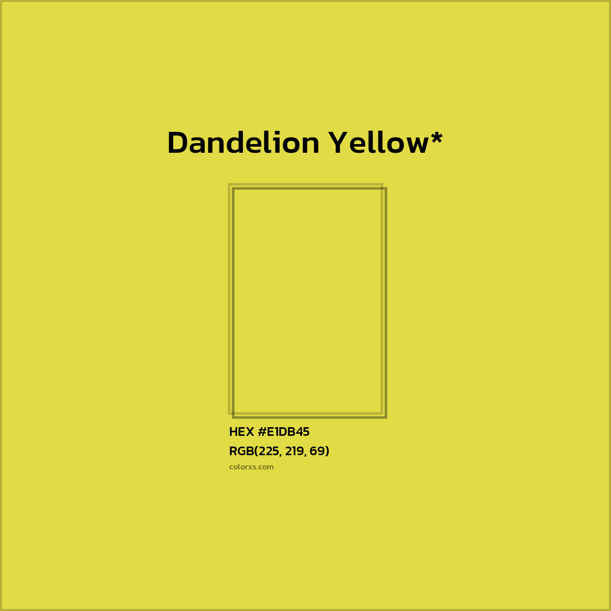 #E1DB45 hex color. RGB, RYB, CMYK, HSL, HSV codes and color conversions. Matching color names, palettes, paints.
