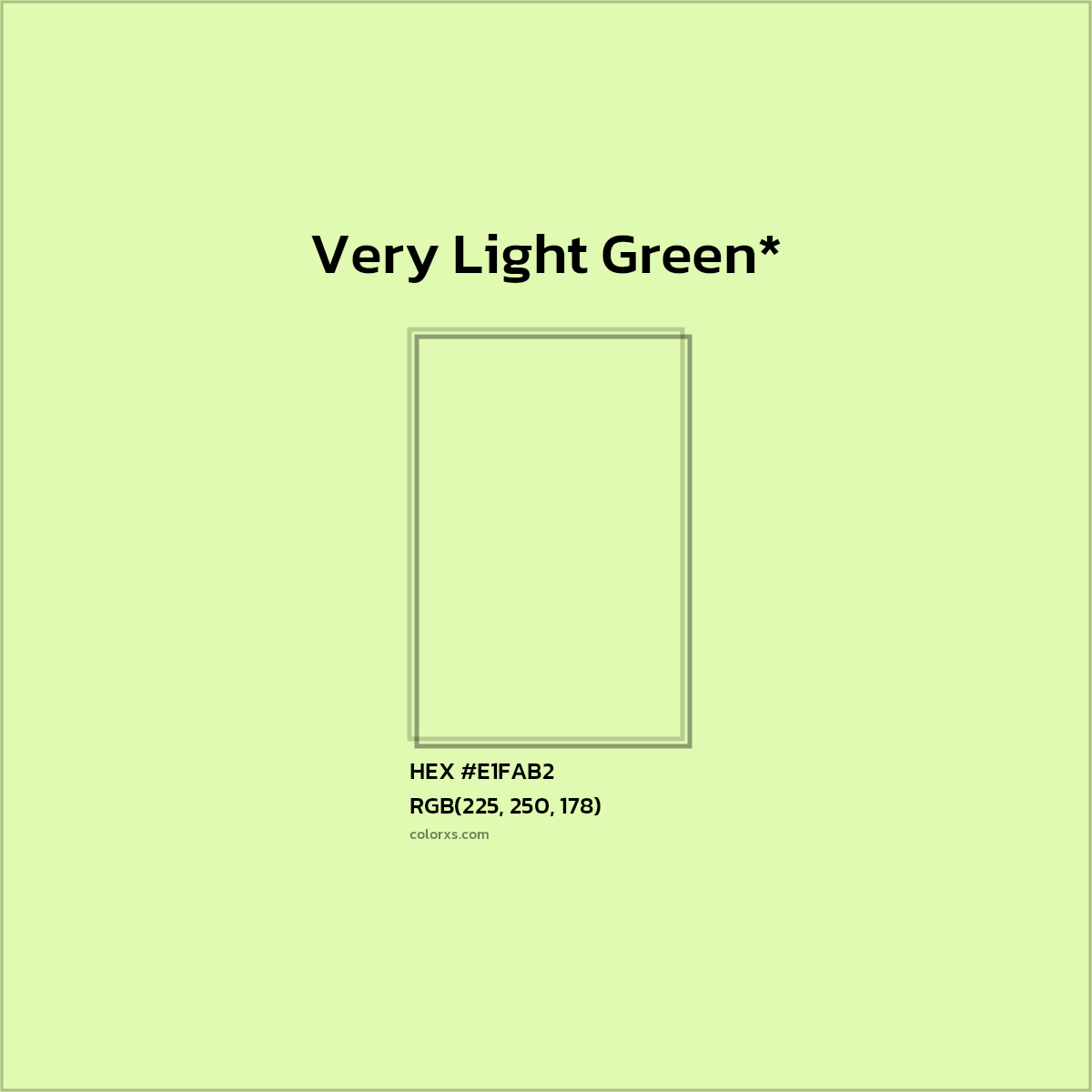 #E1FAB2 hex color. RGB, RYB, CMYK, HSL, HSV codes and color conversions. Matching color names, palettes, paints.