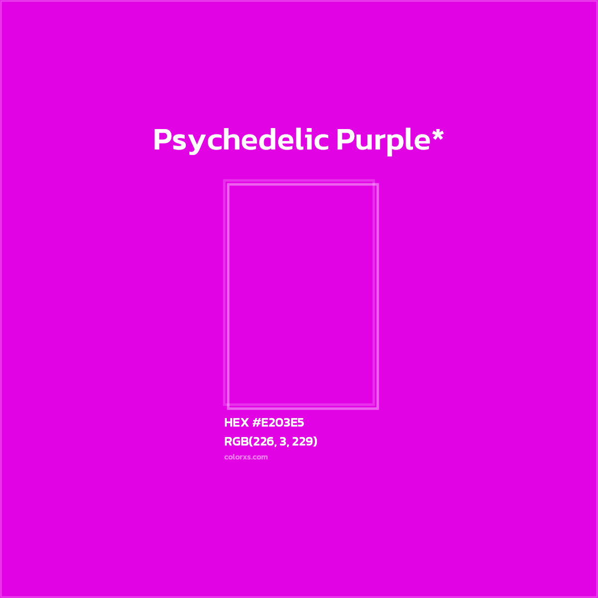 #E203E5 hex color. RGB, RYB, CMYK, HSL, HSV codes and color conversions. Matching color names, palettes, paints.