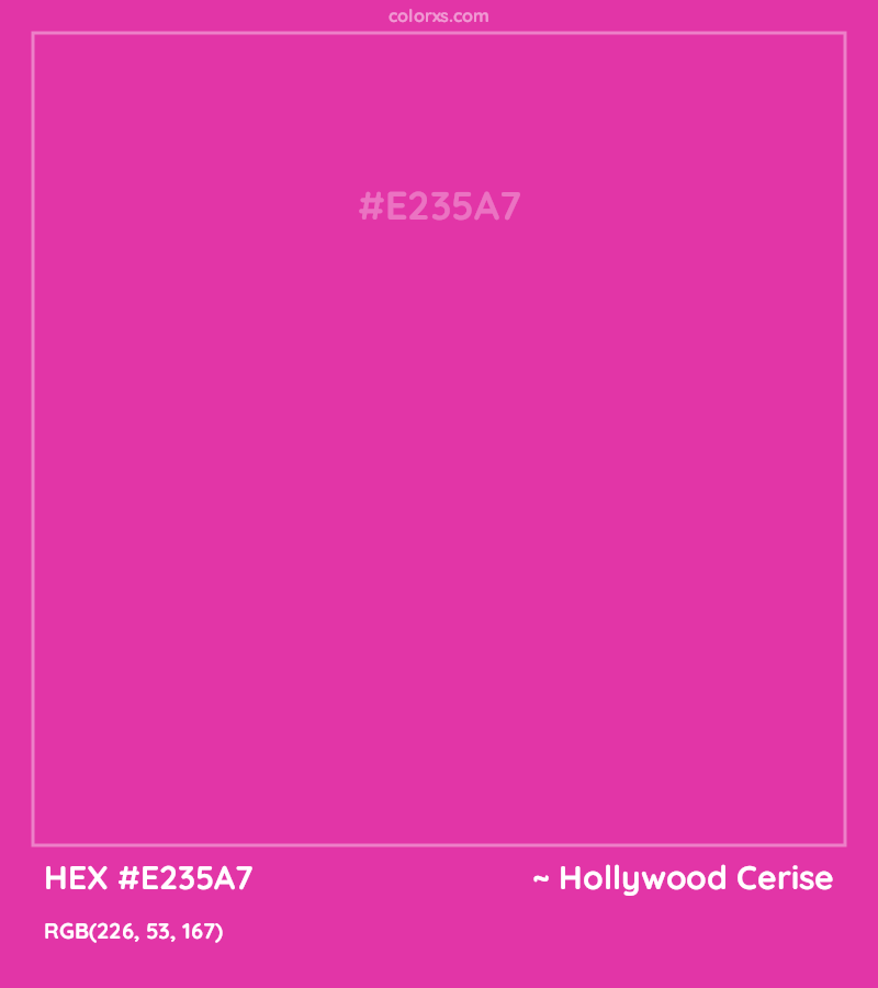 #E235A7 hex color. RGB, RYB, CMYK, HSL, HSV codes and color conversions. Matching color names, palettes, paints.