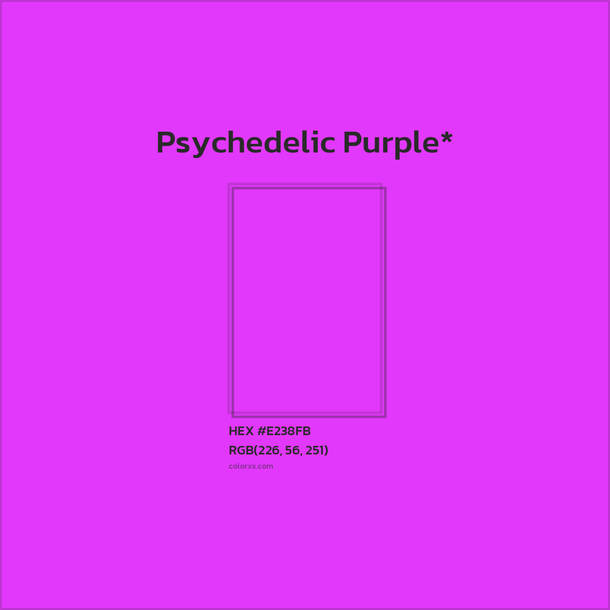#E238FB hex color. RGB, RYB, CMYK, HSL, HSV codes and color conversions. Matching color names, palettes, paints.