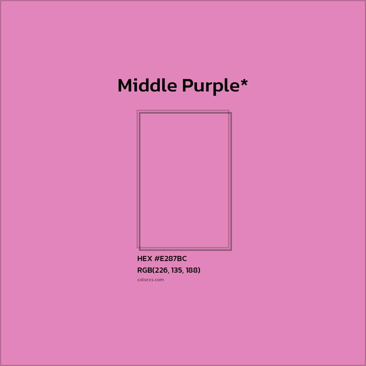 #E287BC hex color. RGB, RYB, CMYK, HSL, HSV codes and color conversions. Matching color names, palettes, paints.