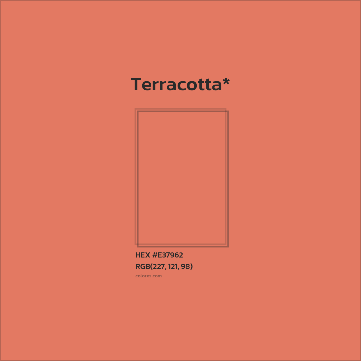 #E37962 hex color. RGB, RYB, CMYK, HSL, HSV codes and color conversions. Matching color names, palettes, paints.