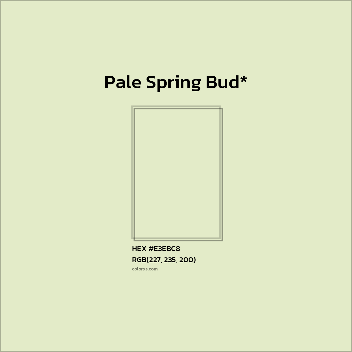#E3EBC8 hex color. RGB, RYB, CMYK, HSL, HSV codes and color conversions. Matching color names, palettes, paints.