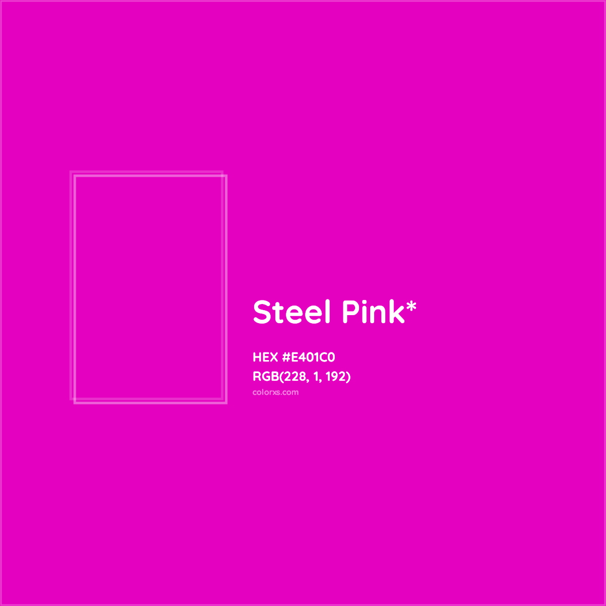#E401C0 hex color. RGB, RYB, CMYK, HSL, HSV codes and color conversions. Matching color names, palettes, paints.