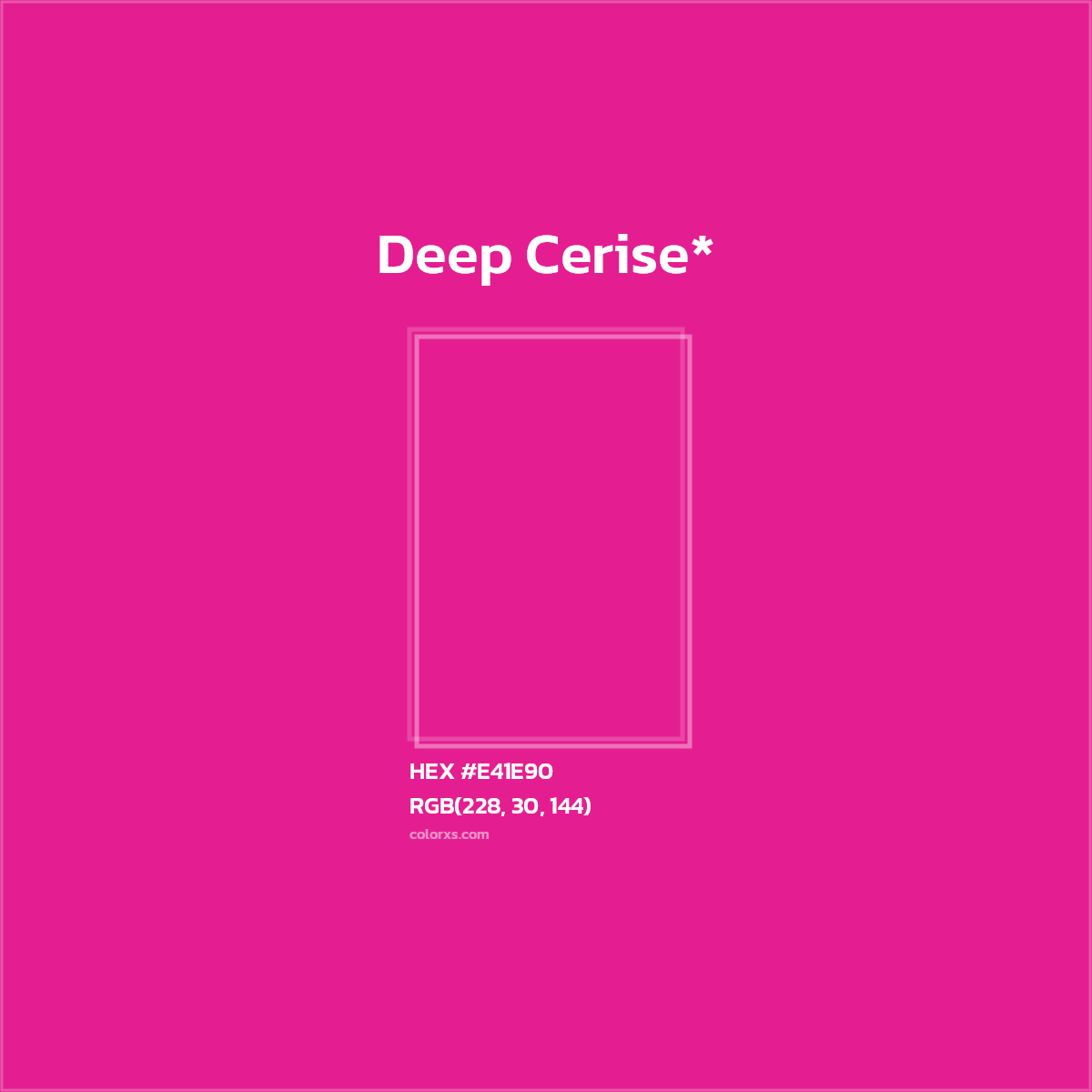 #E41E90 hex color. RGB, RYB, CMYK, HSL, HSV codes and color conversions. Matching color names, palettes, paints.