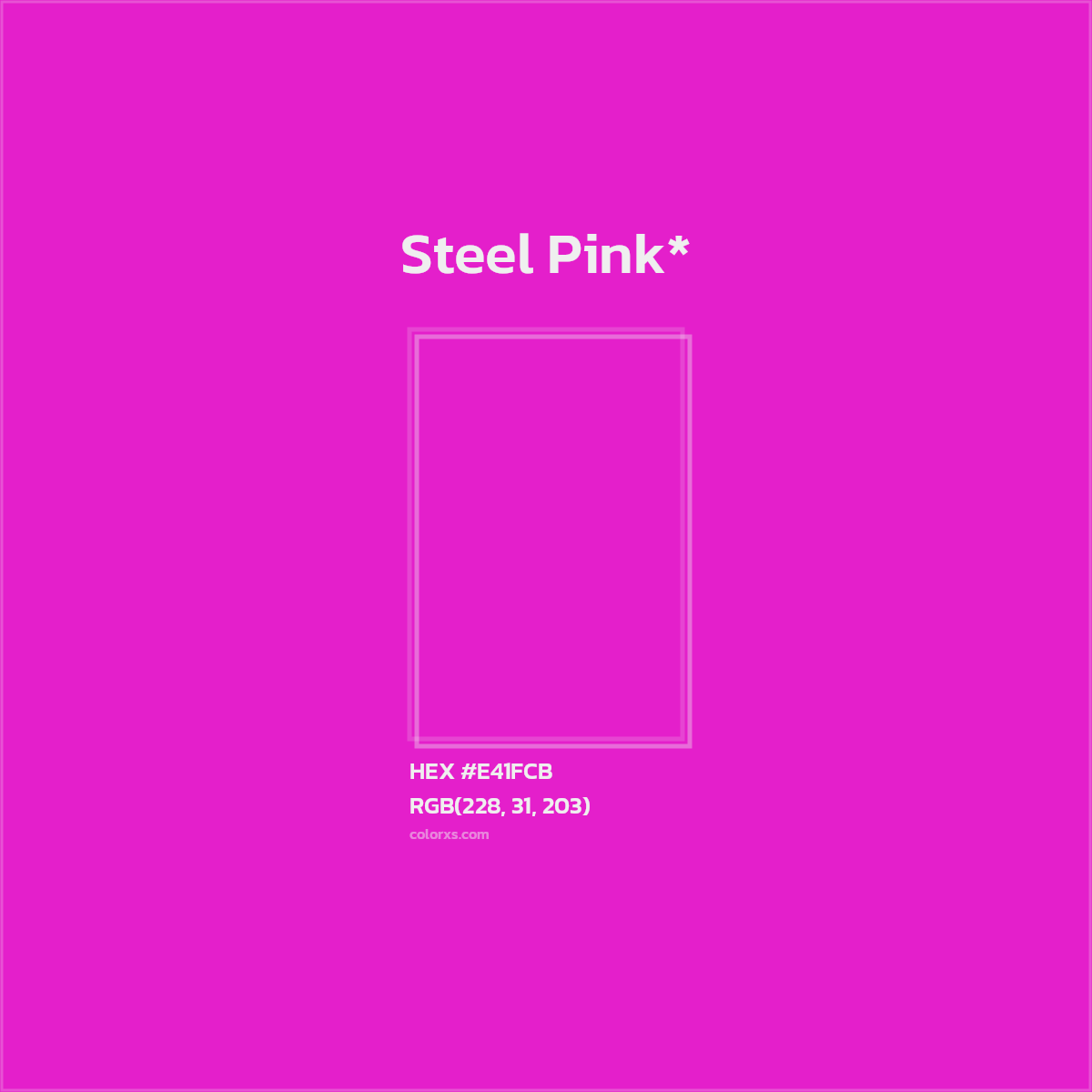 #E41FCB hex color. RGB, RYB, CMYK, HSL, HSV codes and color conversions. Matching color names, palettes, paints.