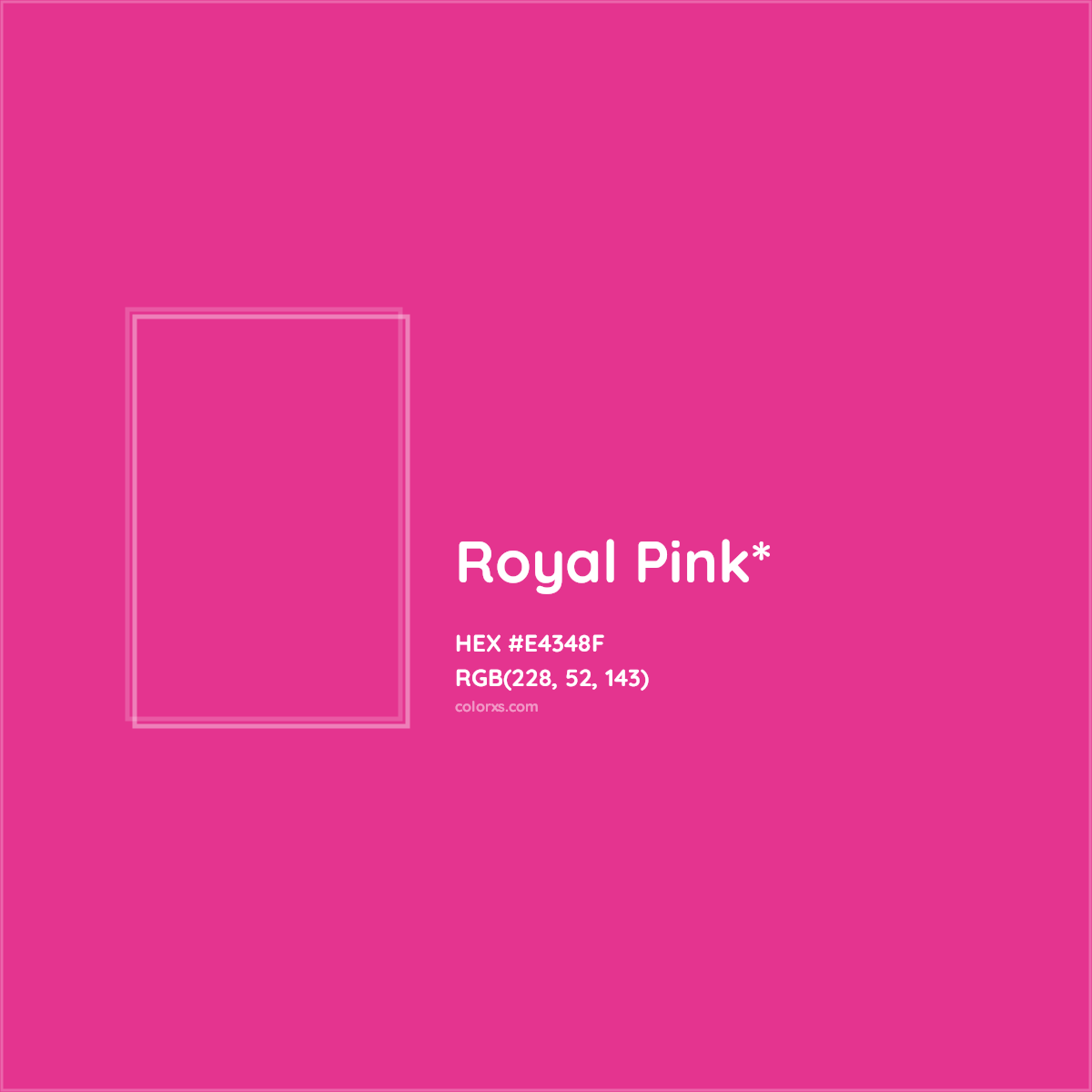 #E4348F hex color. RGB, RYB, CMYK, HSL, HSV codes and color conversions. Matching color names, palettes, paints.