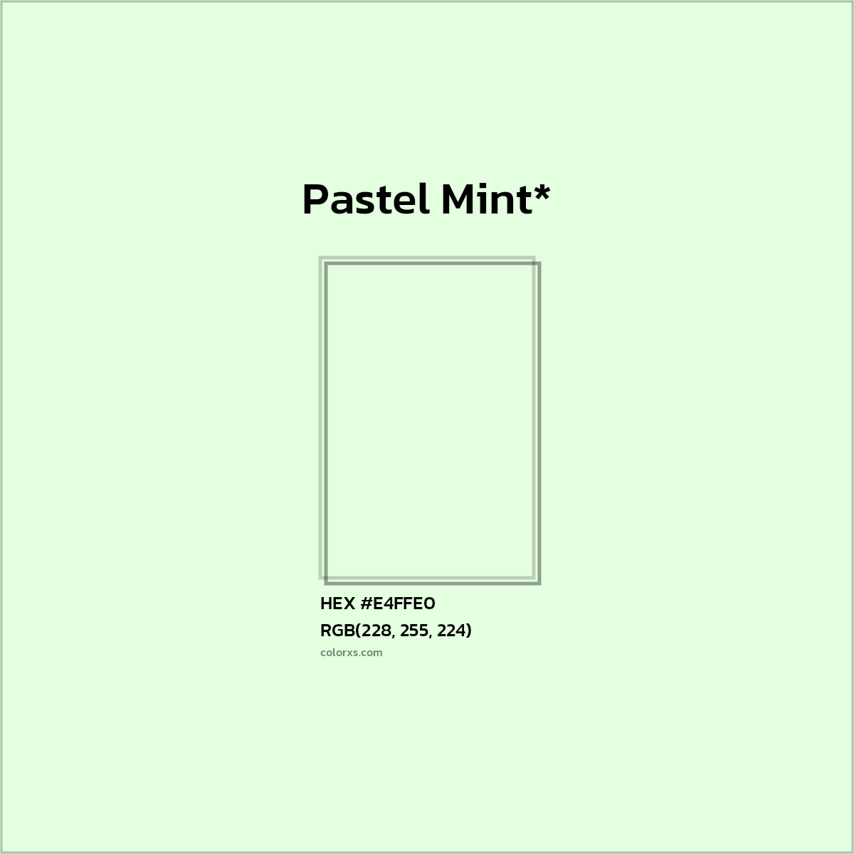 #E4FFE0 hex color. RGB, RYB, CMYK, HSL, HSV codes and color conversions. Matching color names, palettes, paints.