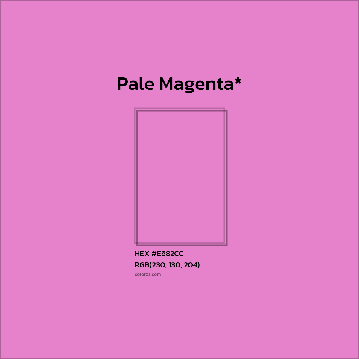 #E682CC hex color. RGB, RYB, CMYK, HSL, HSV codes and color conversions. Matching color names, palettes, paints.