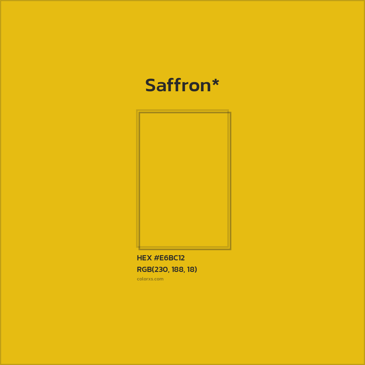 #E6BC12 hex color. RGB, RYB, CMYK, HSL, HSV codes and color conversions. Matching color names, palettes, paints.