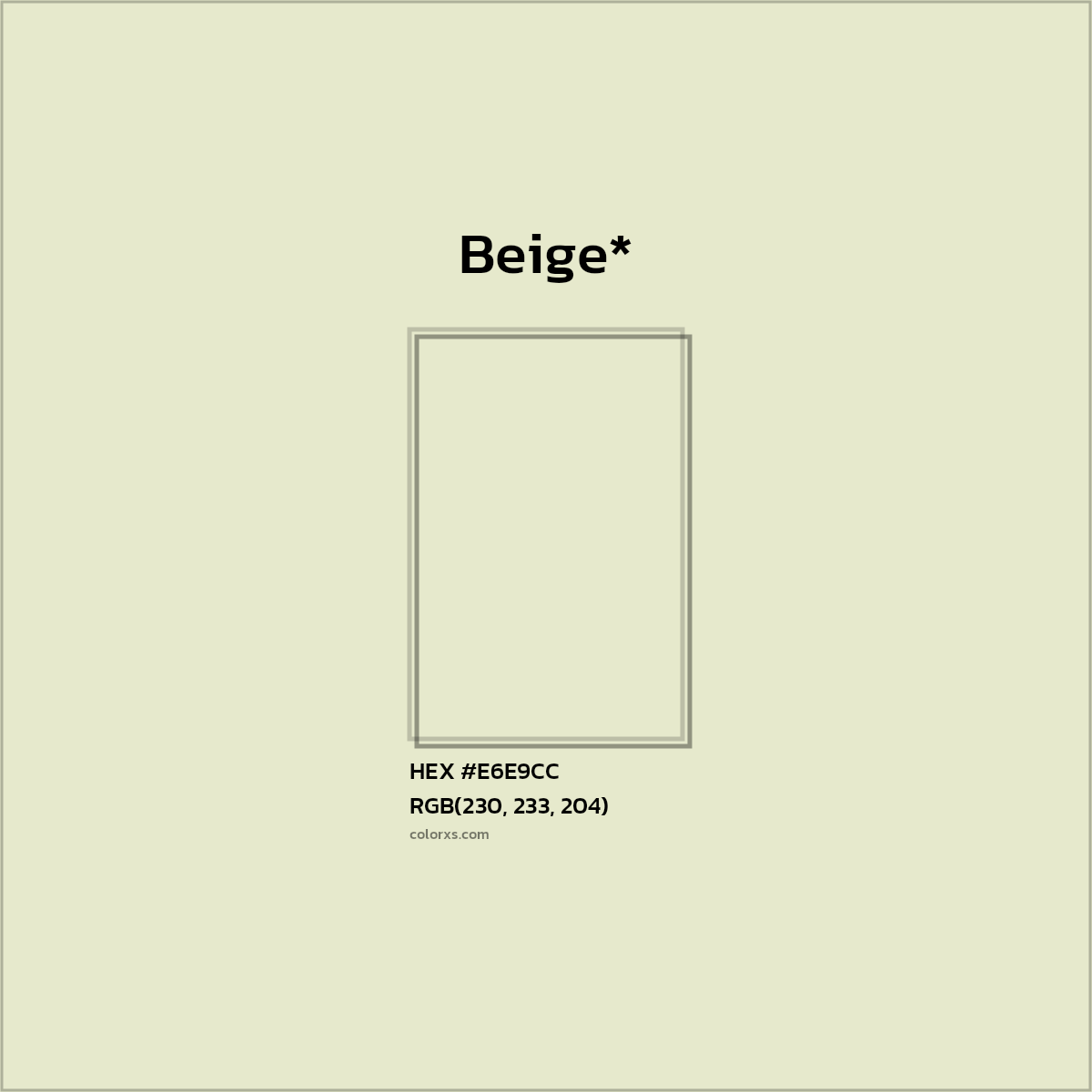 #E6E9CC hex color. RGB, RYB, CMYK, HSL, HSV codes and color conversions. Matching color names, palettes, paints.