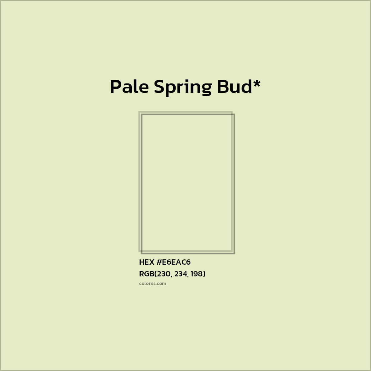 #E6EAC6 hex color. RGB, RYB, CMYK, HSL, HSV codes and color conversions. Matching color names, palettes, paints.