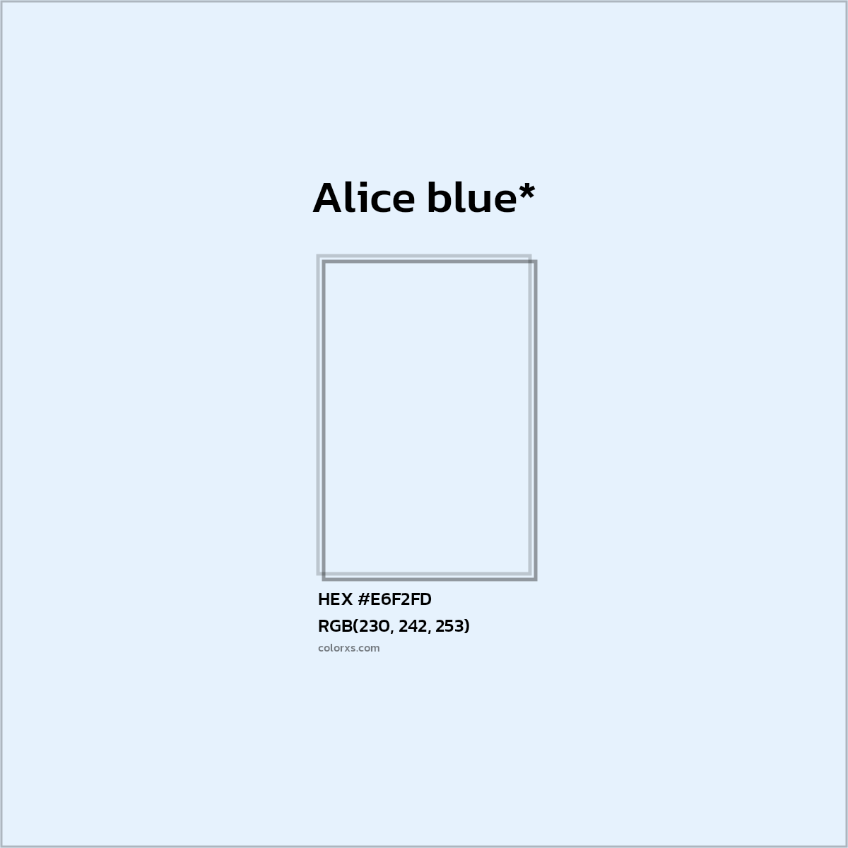 #E6F2FD hex color. RGB, RYB, CMYK, HSL, HSV codes and color conversions. Matching color names, palettes, paints.