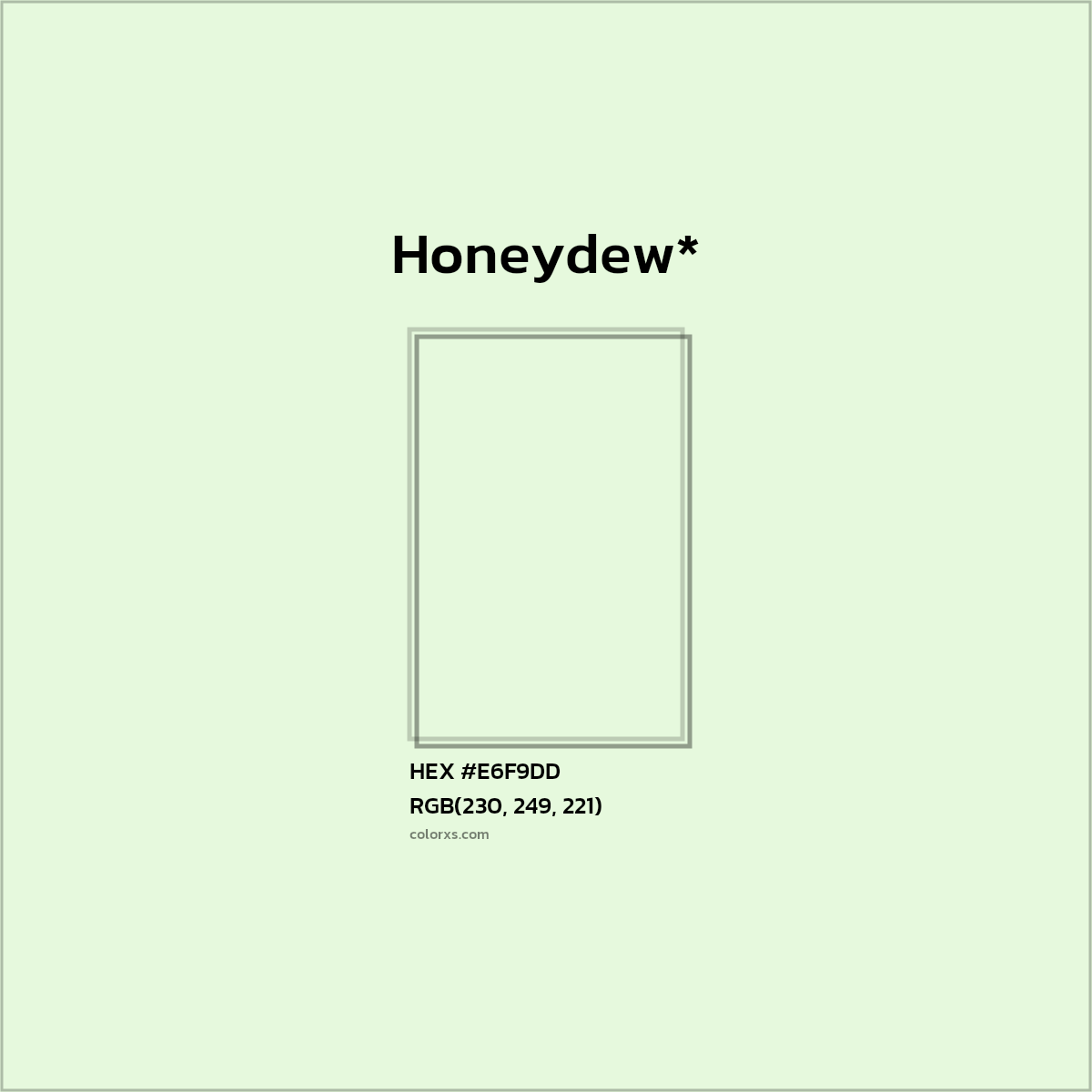 #E6F9DD hex color. RGB, RYB, CMYK, HSL, HSV codes and color conversions. Matching color names, palettes, paints.