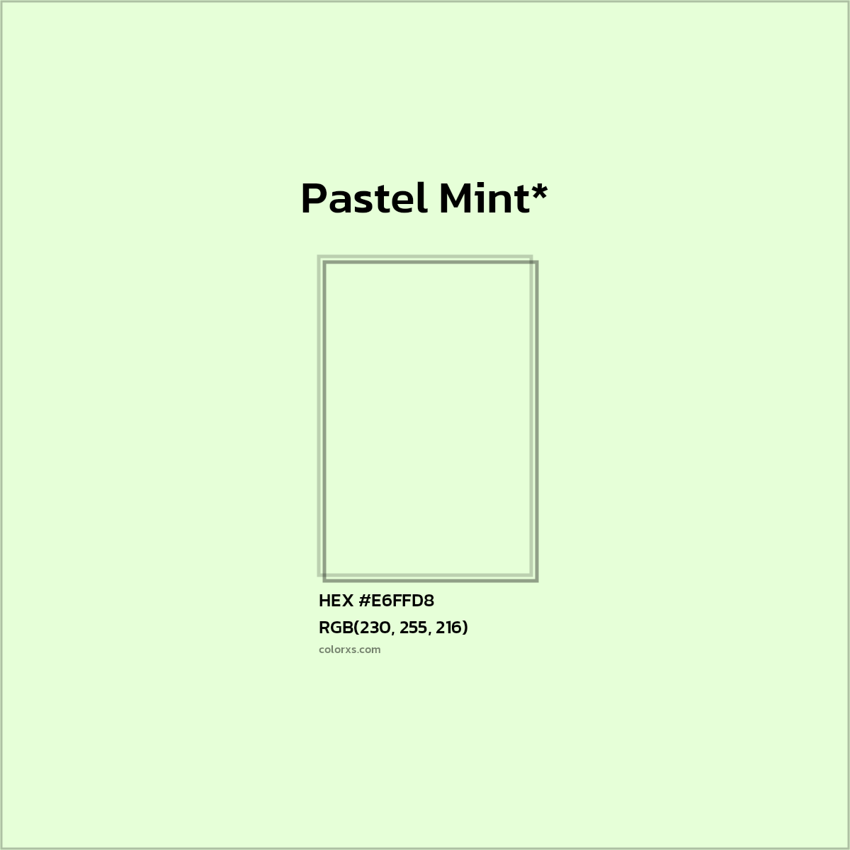 #E6FFD8 hex color. RGB, RYB, CMYK, HSL, HSV codes and color conversions. Matching color names, palettes, paints.