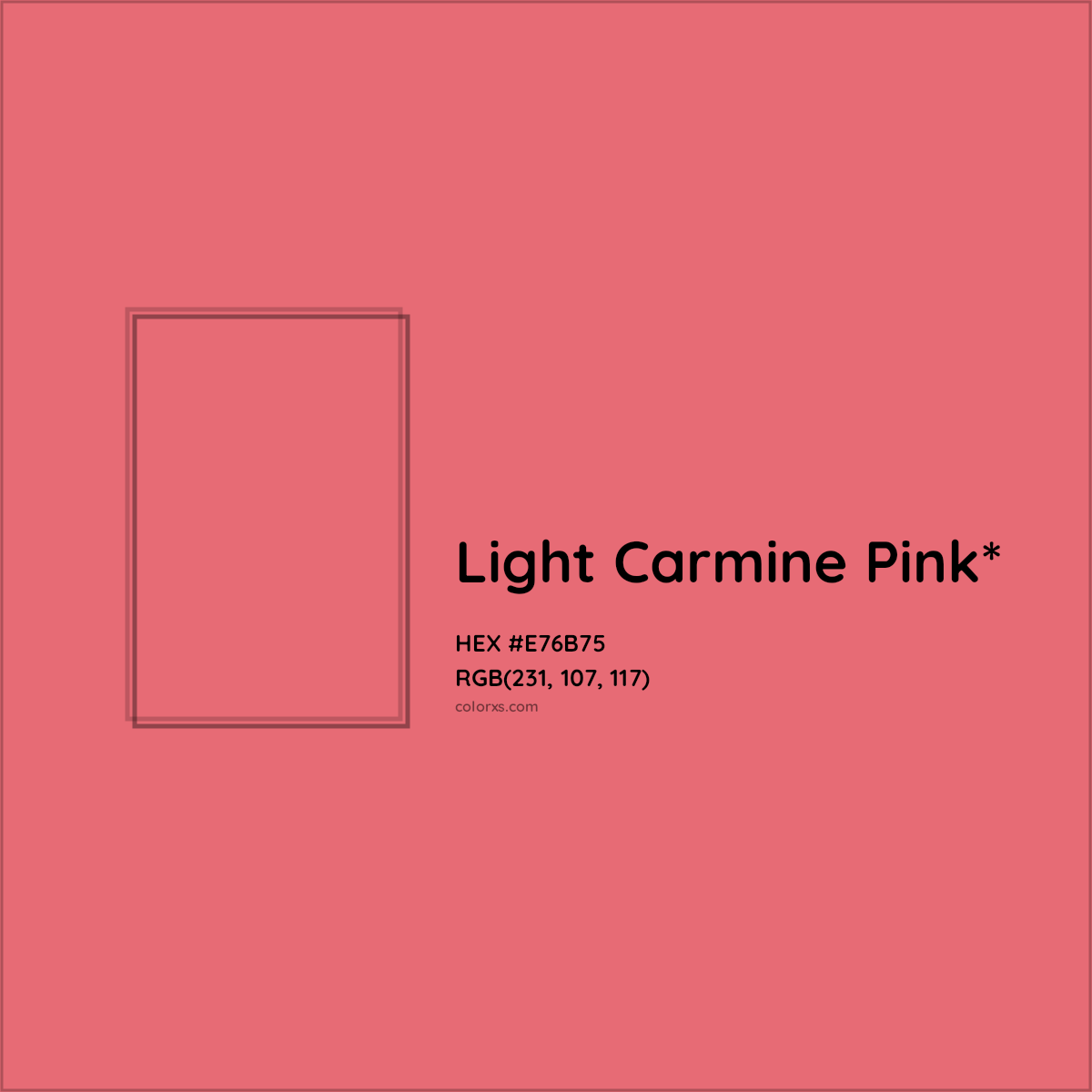 #E76B75 hex color. RGB, RYB, CMYK, HSL, HSV codes and color conversions. Matching color names, palettes, paints.