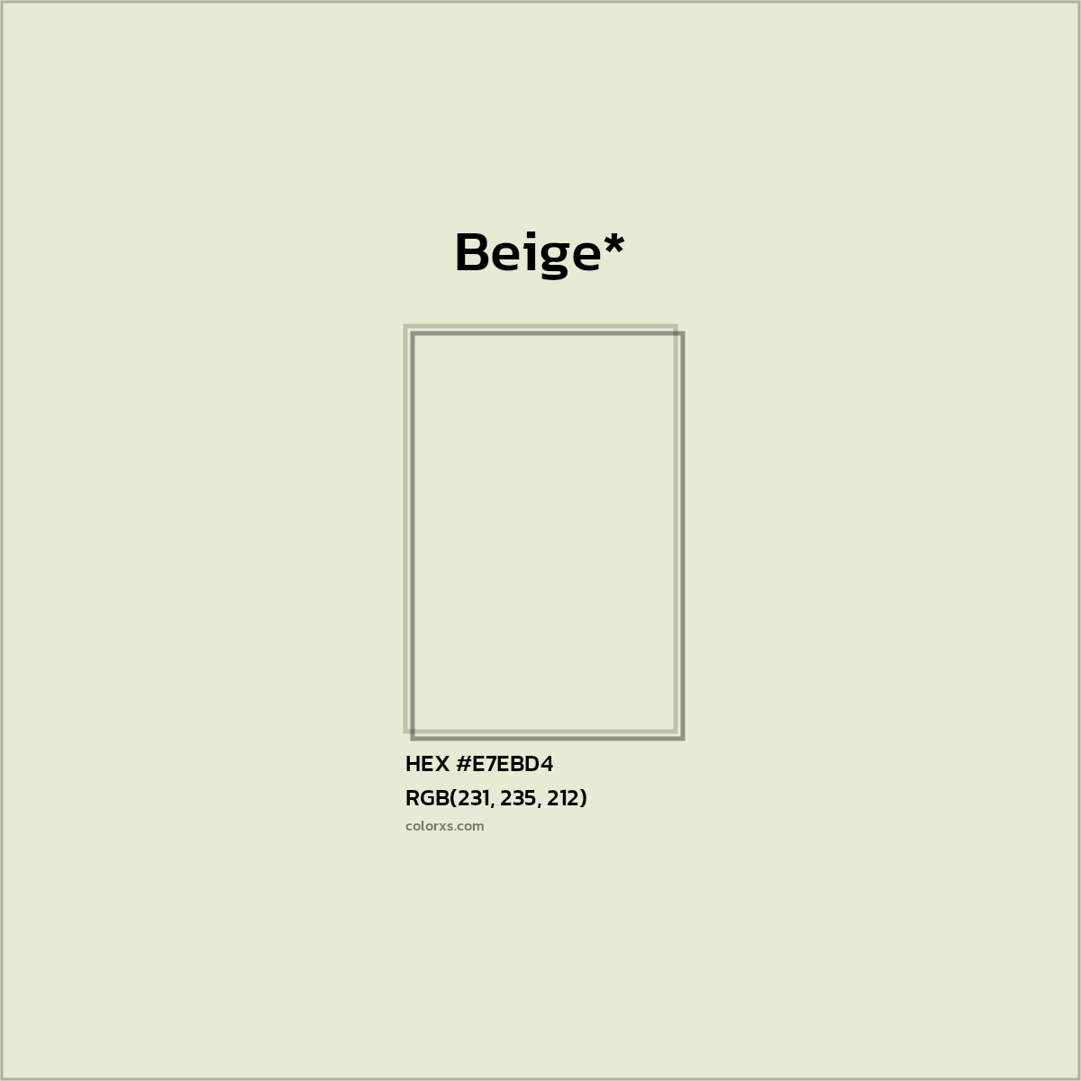 #E7EBD4 hex color. RGB, RYB, CMYK, HSL, HSV codes and color conversions. Matching color names, palettes, paints.