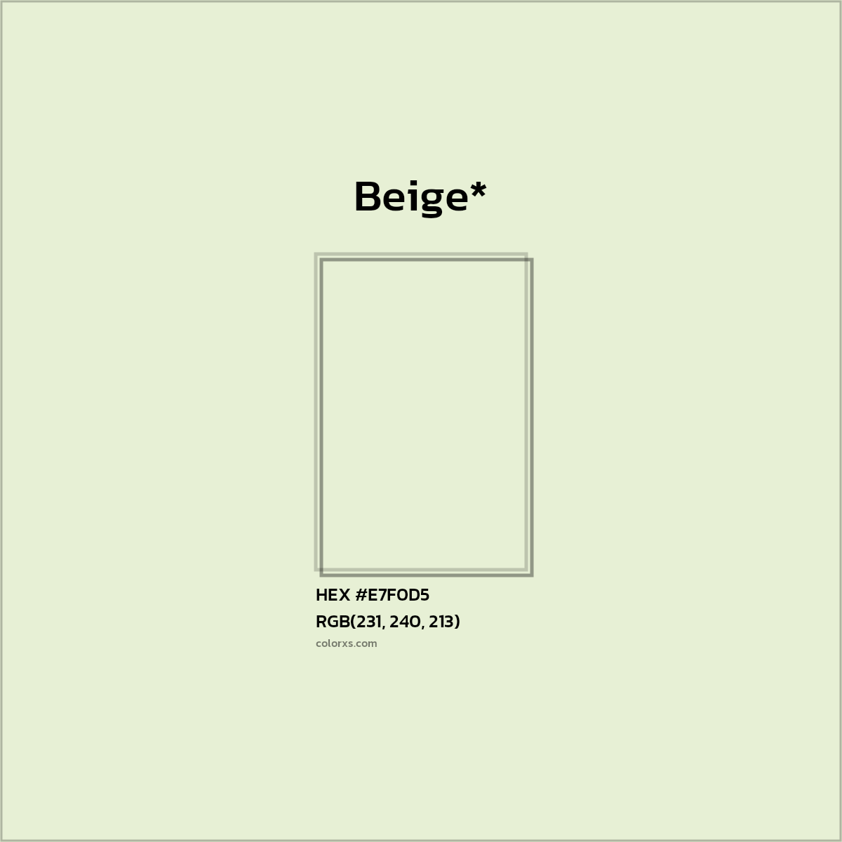 #E7F0D5 hex color. RGB, RYB, CMYK, HSL, HSV codes and color conversions. Matching color names, palettes, paints.